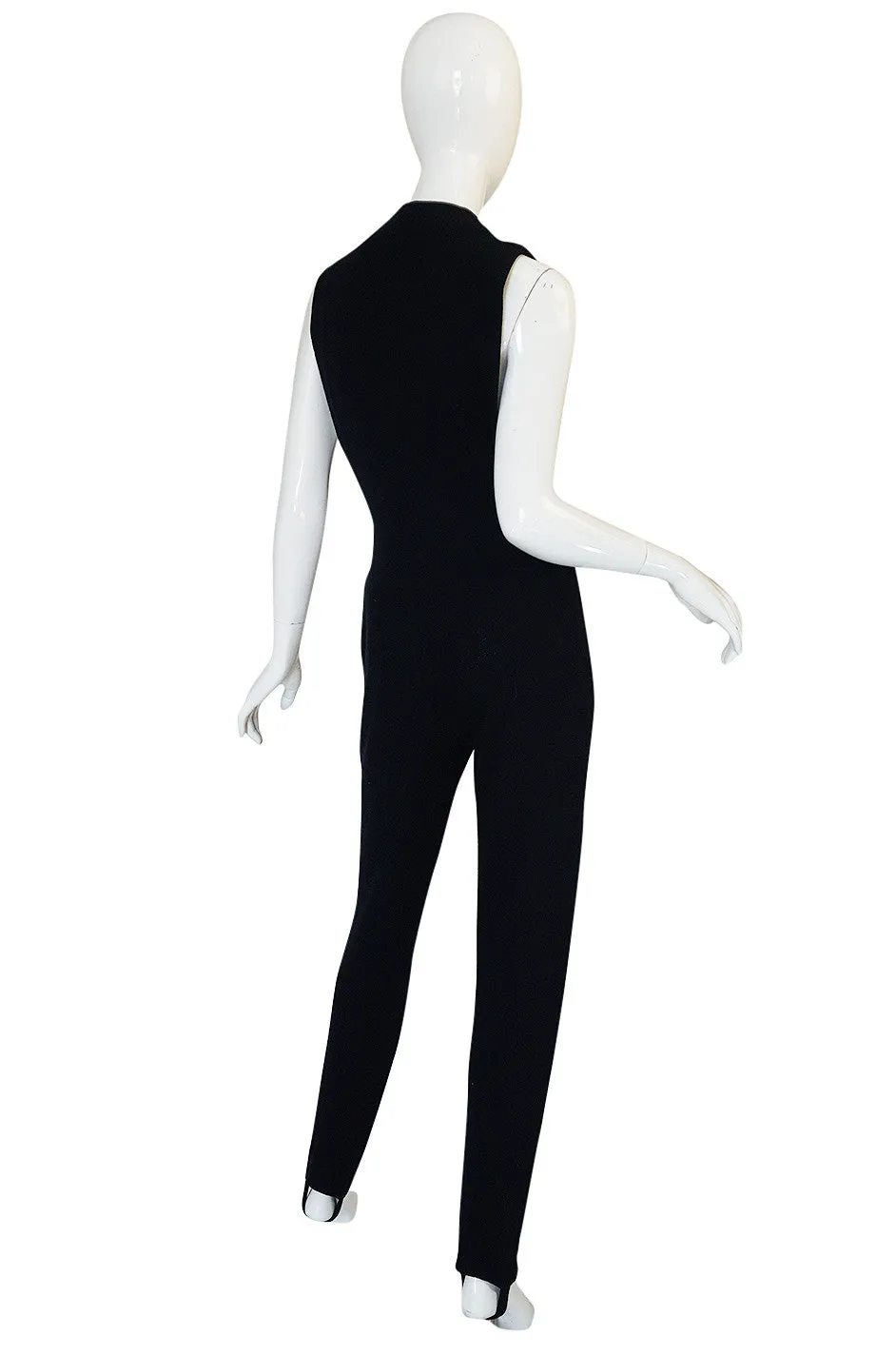 1980s Donna Karan Plunging Stretch Stirrup Pant Jumpsuit