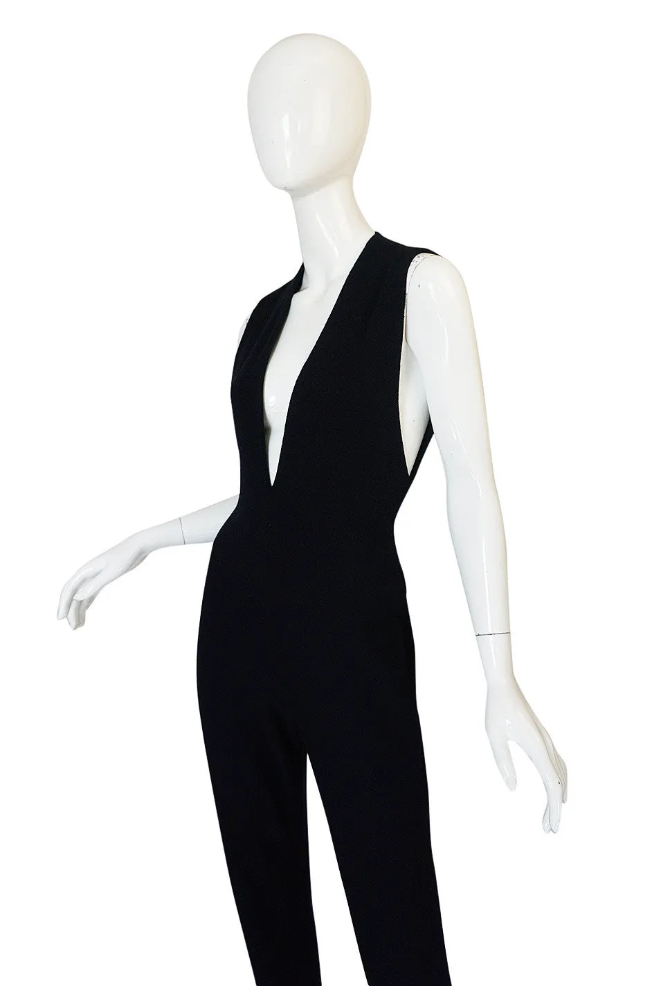 1980s Donna Karan Plunging Stretch Stirrup Pant Jumpsuit