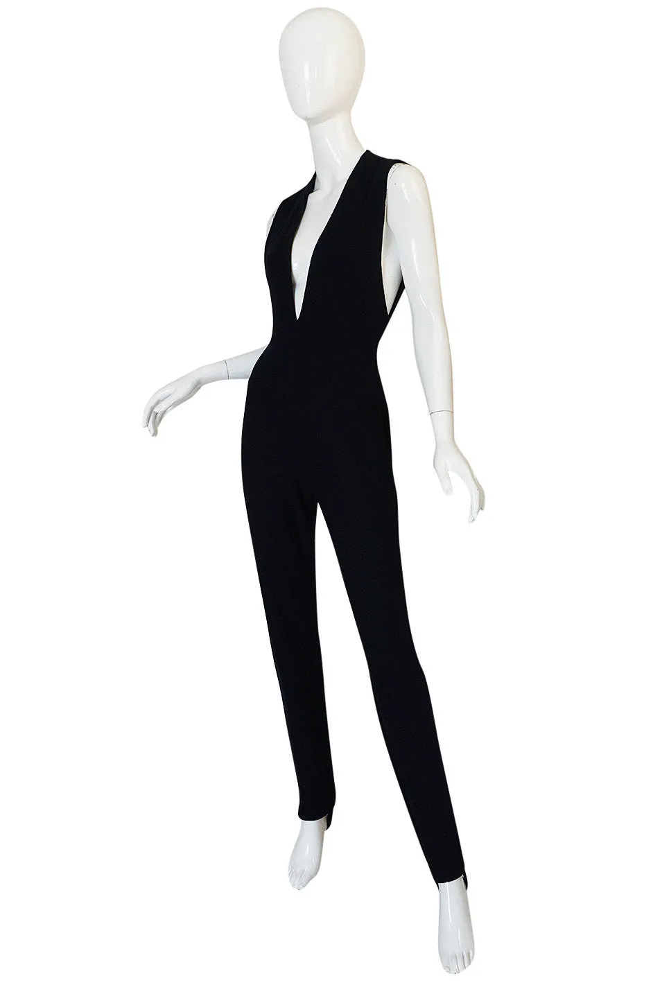 1980s Donna Karan Plunging Stretch Stirrup Pant Jumpsuit