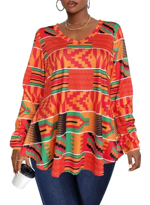 Afibi Dressy Shirts for Women African Dashiki Long Sleeve V Neck Loose Tunic Tops (XXX-Large, Red)