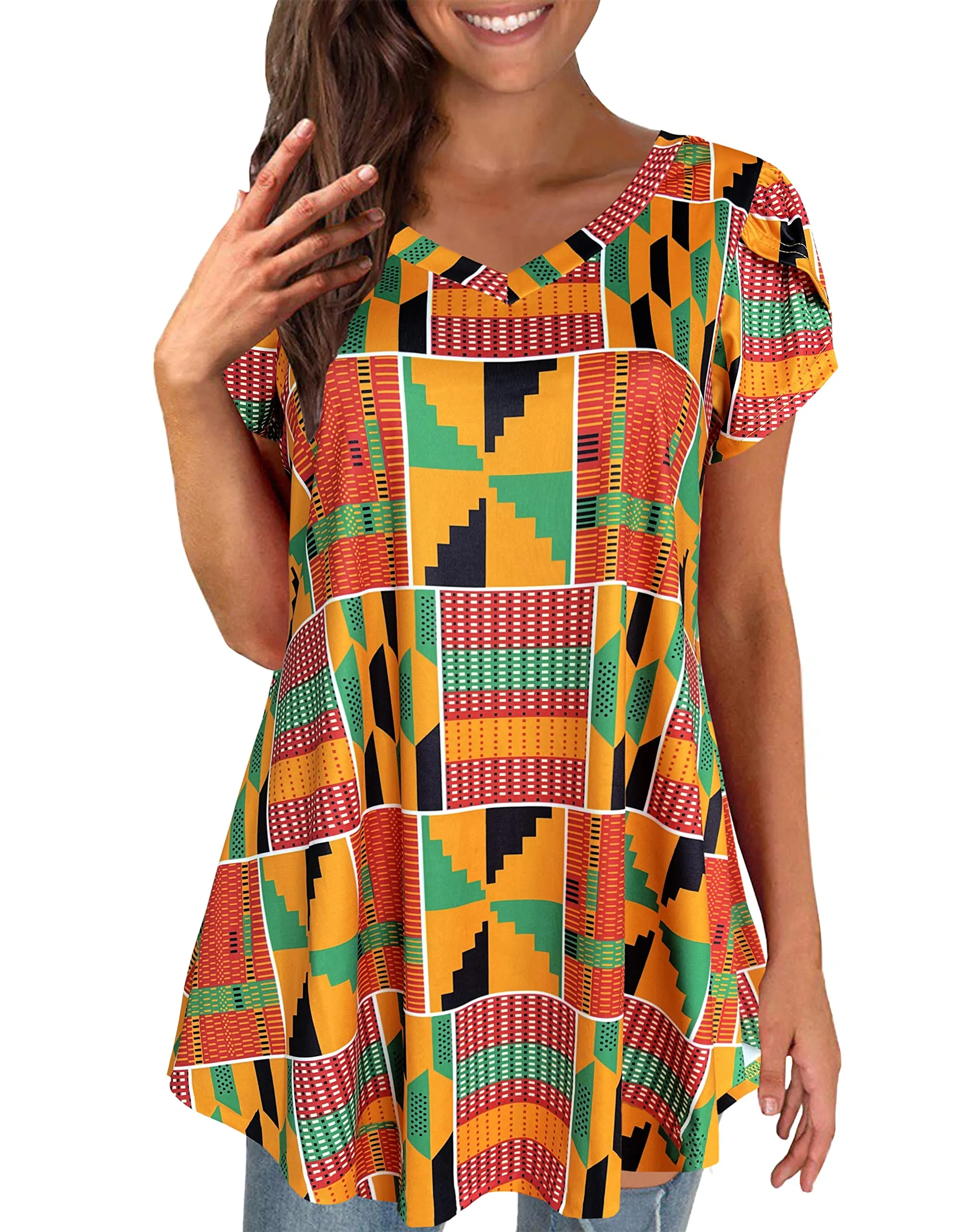 Afibi Womens Print Shirt African Dashiki Short Sleeve V Neck Loose Tunic Tops (Large, Golden Green)