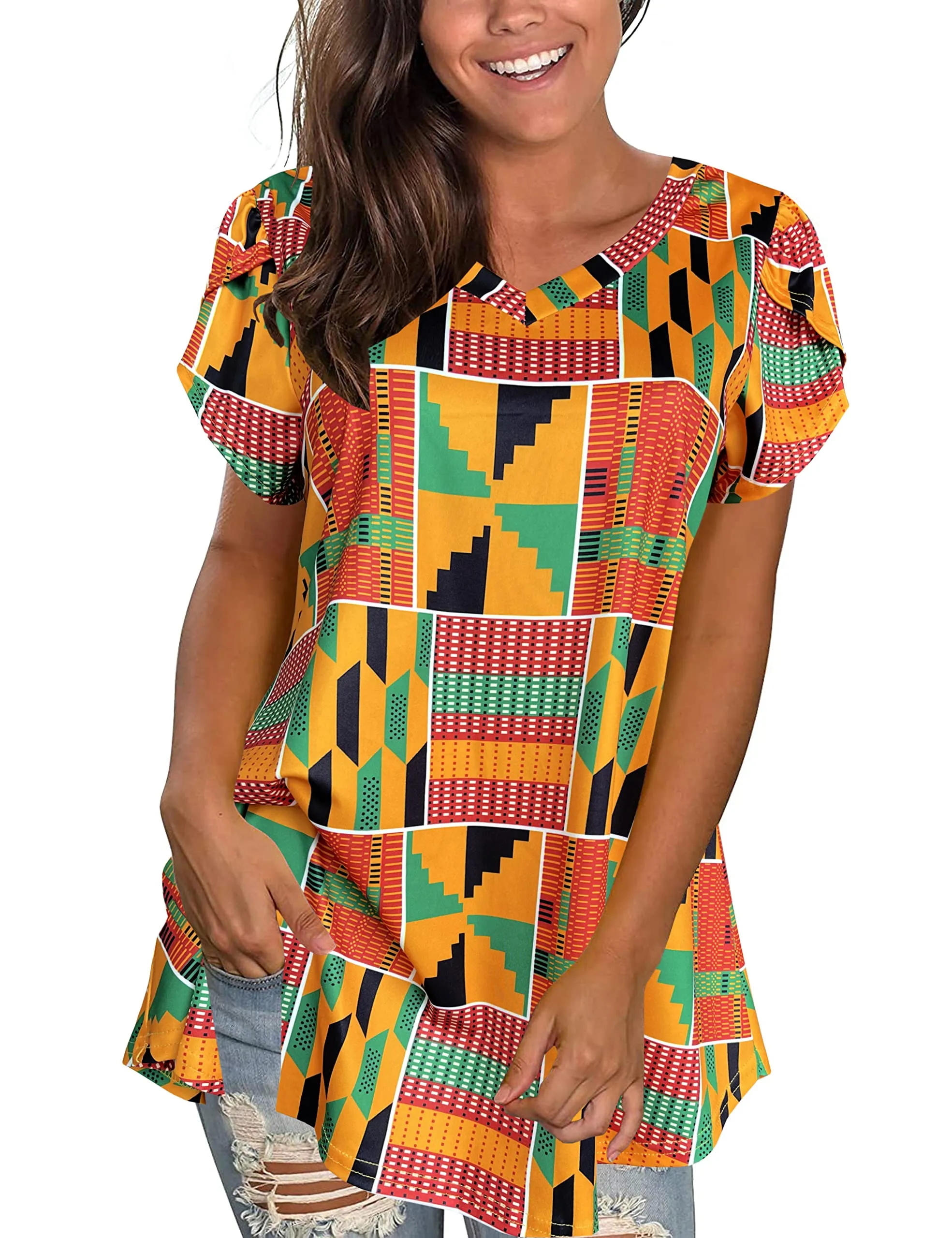 Afibi Womens Print Shirt African Dashiki Short Sleeve V Neck Loose Tunic Tops (Large, Golden Green)