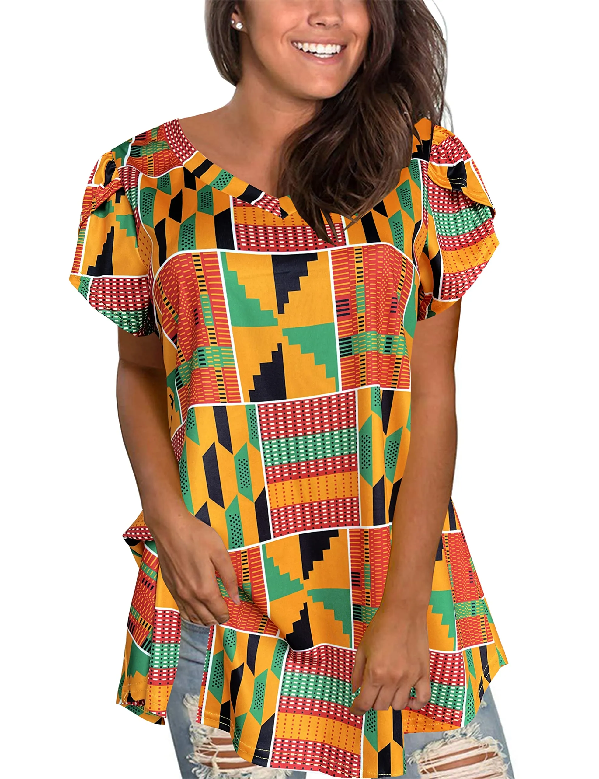 Afibi Womens Print Shirt African Dashiki Short Sleeve V Neck Loose Tunic Tops (Large, Golden Green)