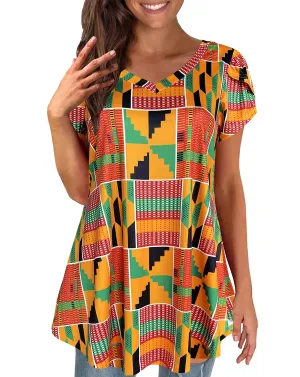 Afibi Womens Print Shirt African Dashiki Short Sleeve V Neck Loose Tunic Tops (Large, Golden Green)