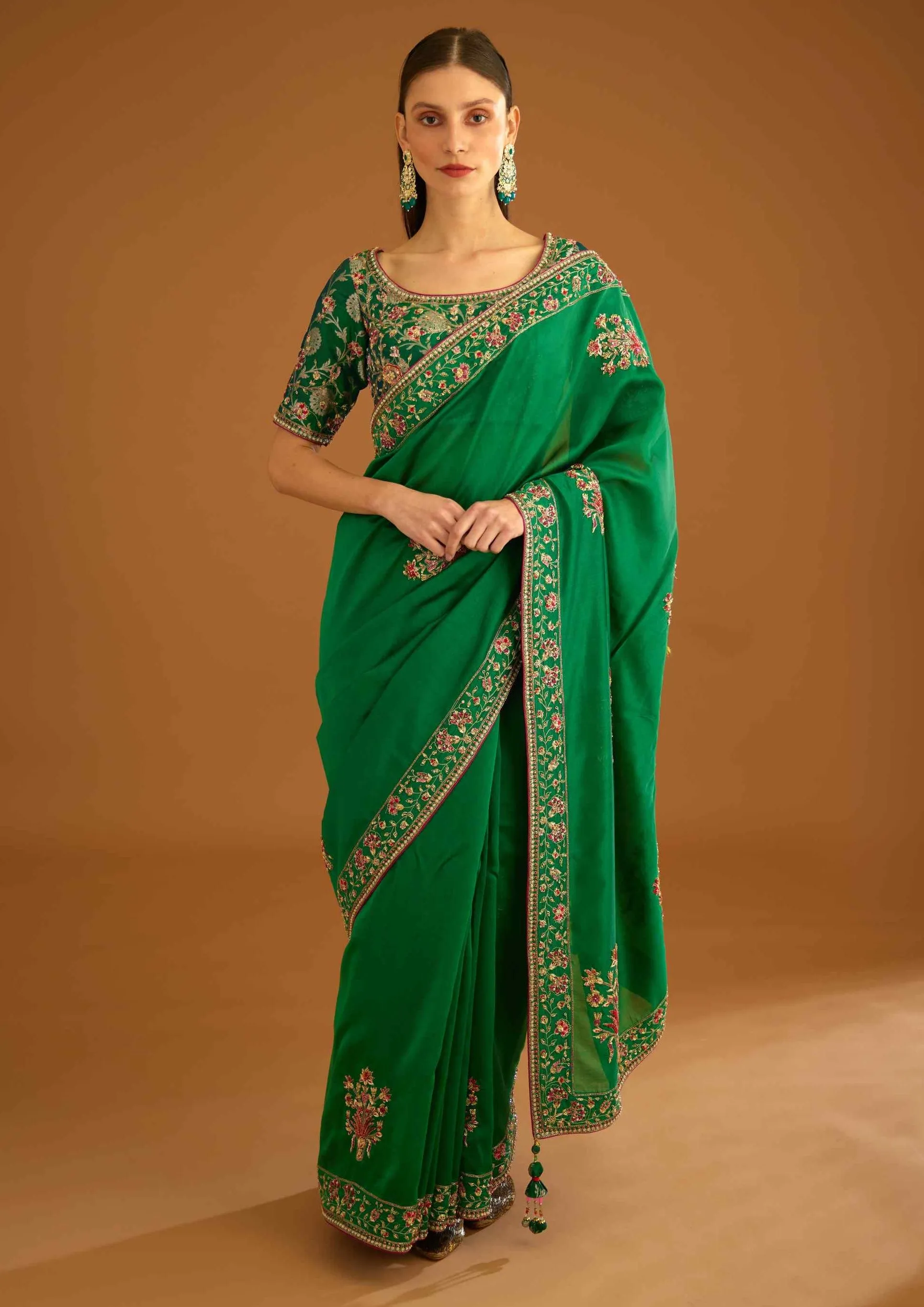 Alpine green zardozi sari and blouse
