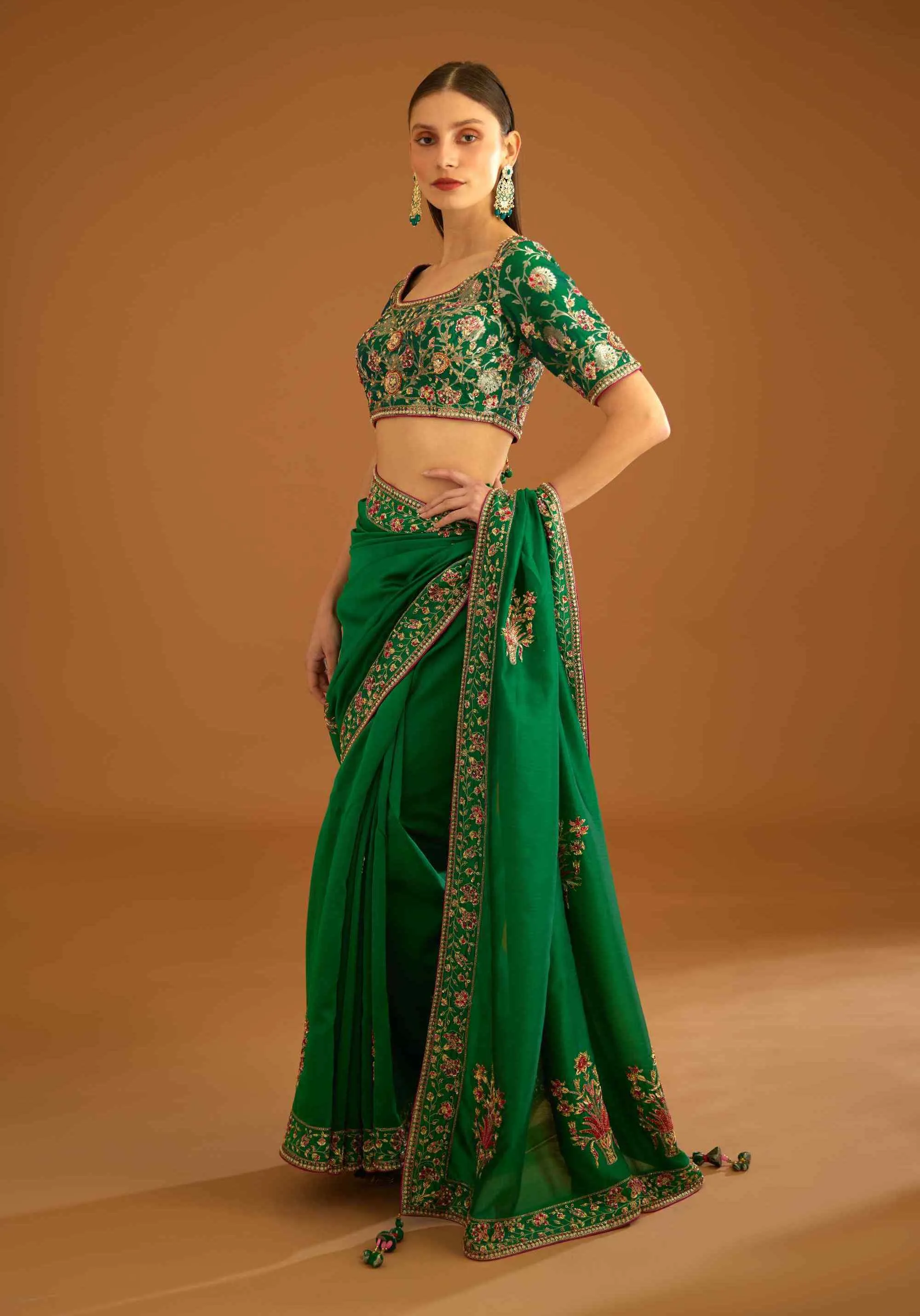 Alpine green zardozi sari and blouse