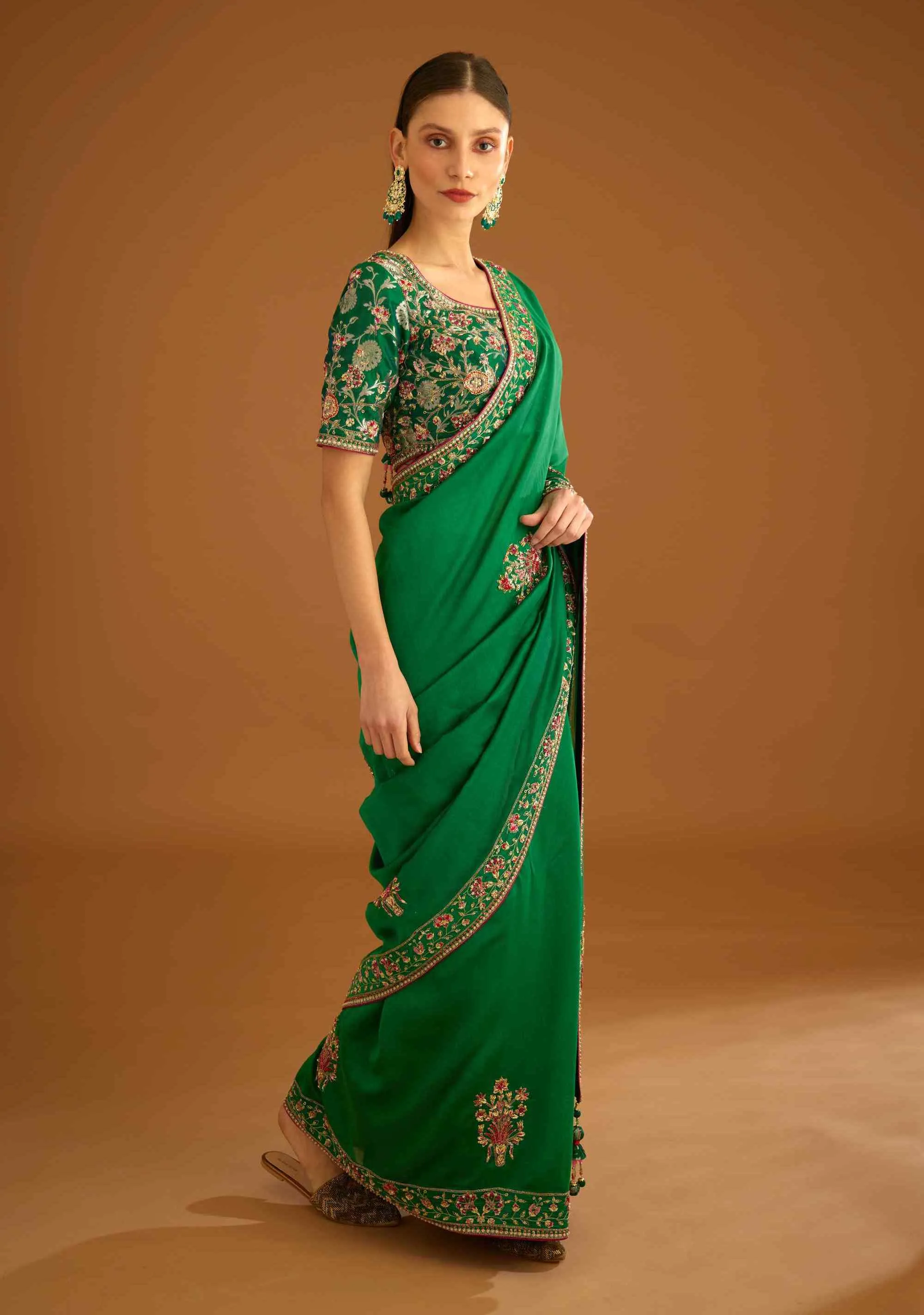 Alpine green zardozi sari and blouse