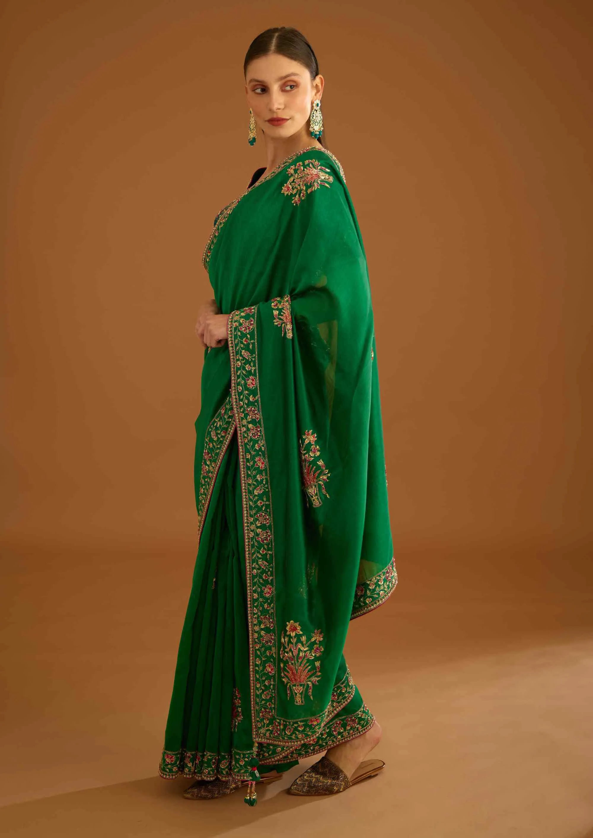 Alpine green zardozi sari and blouse
