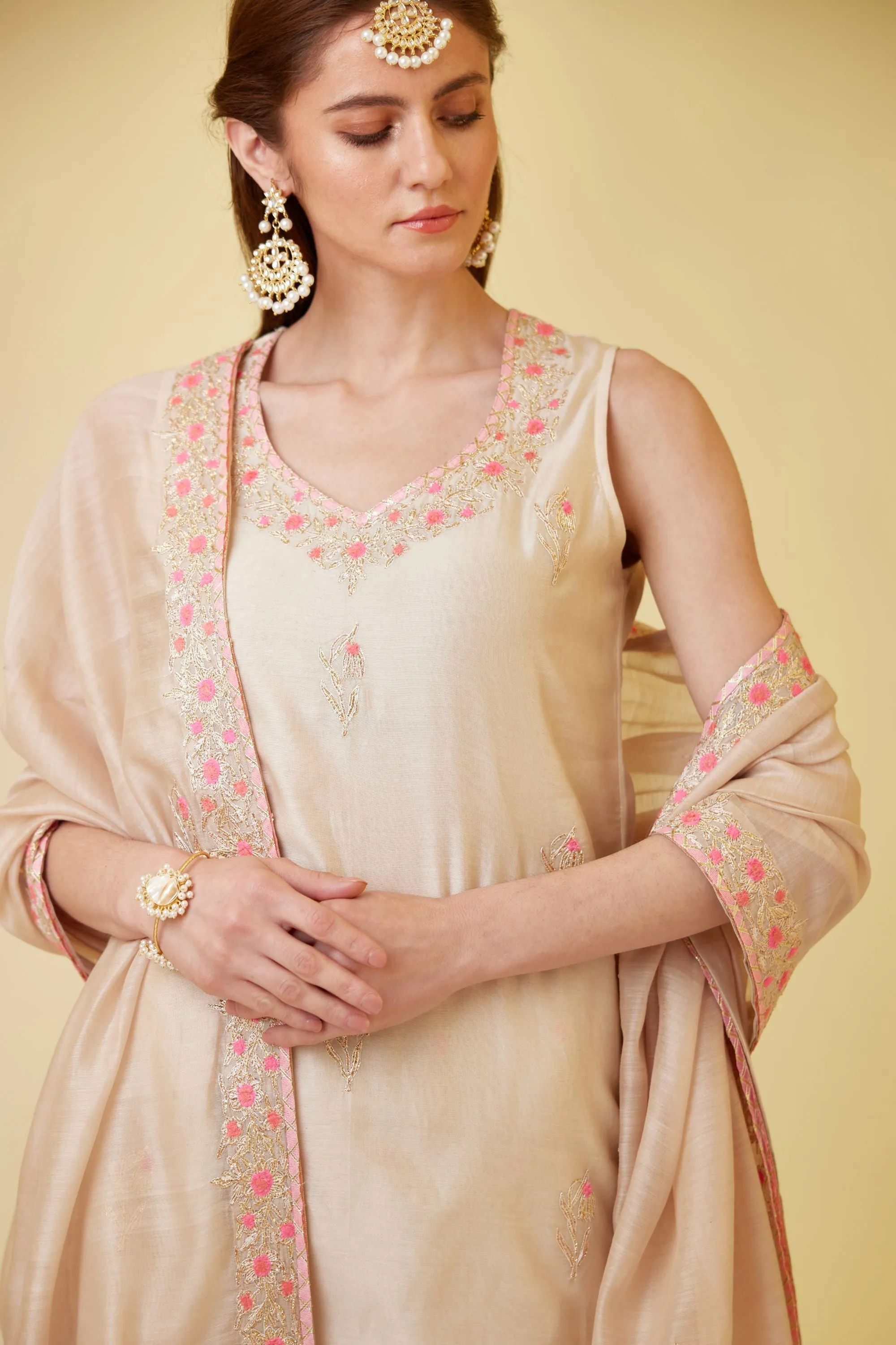 Angora white embroidered kurti and skirt set