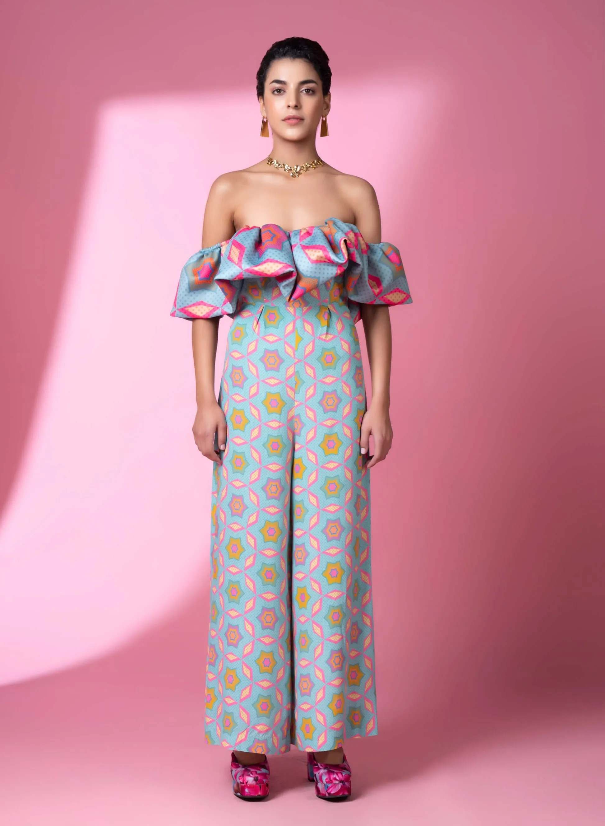 Aqua geometric print jumpsuit