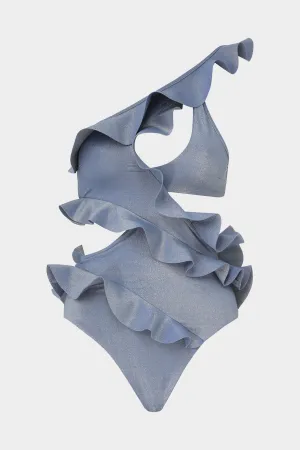 August Asymmetric Frill One-Piece in Dusty Blue