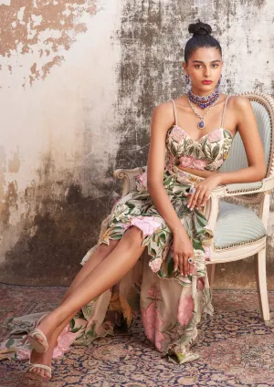 Beige asymmetric embroidered skirt set