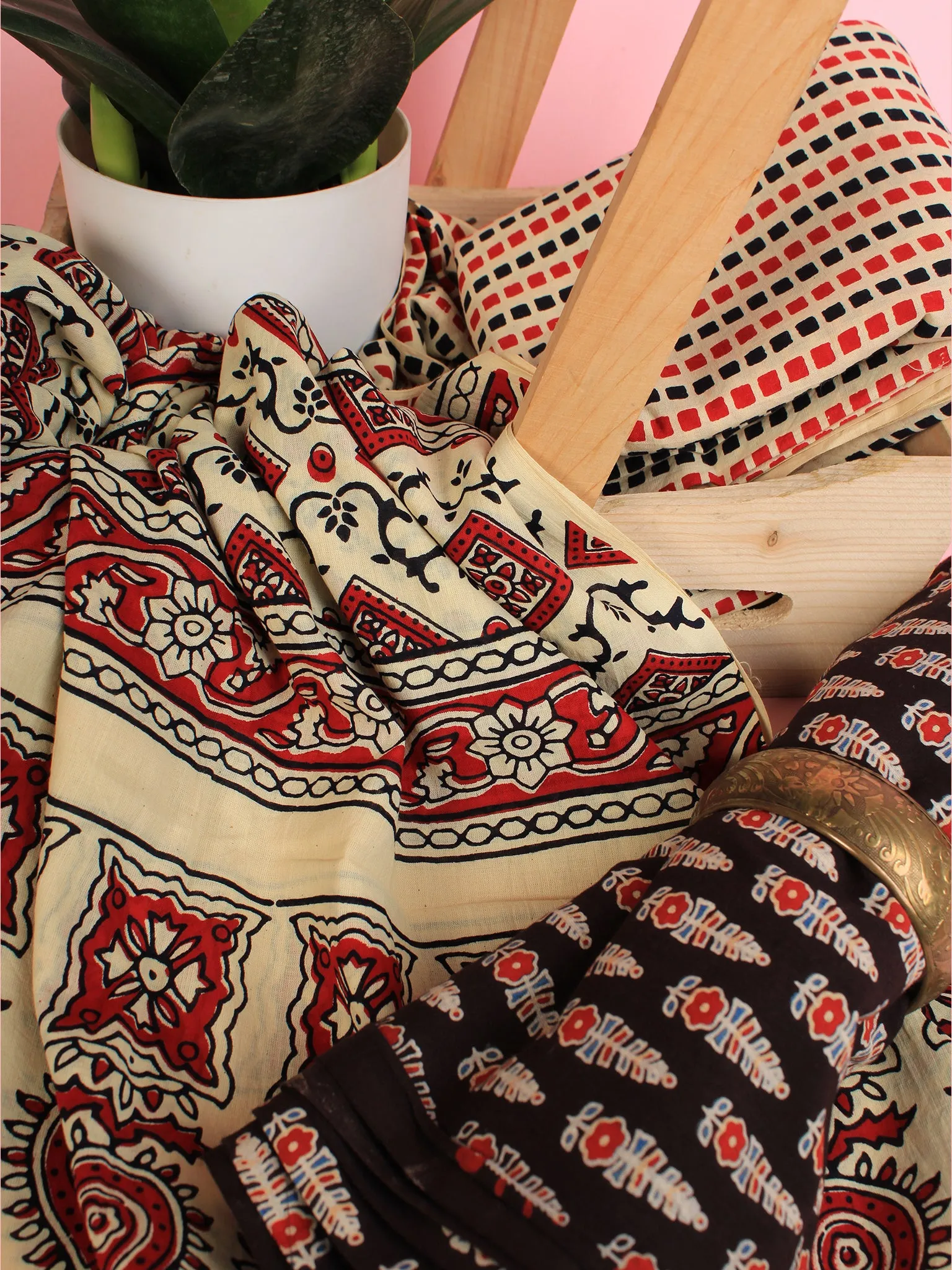 Beige Black Red Ajrakh Hand Block Printed Suit Set (Set of 3) - SU01HB459