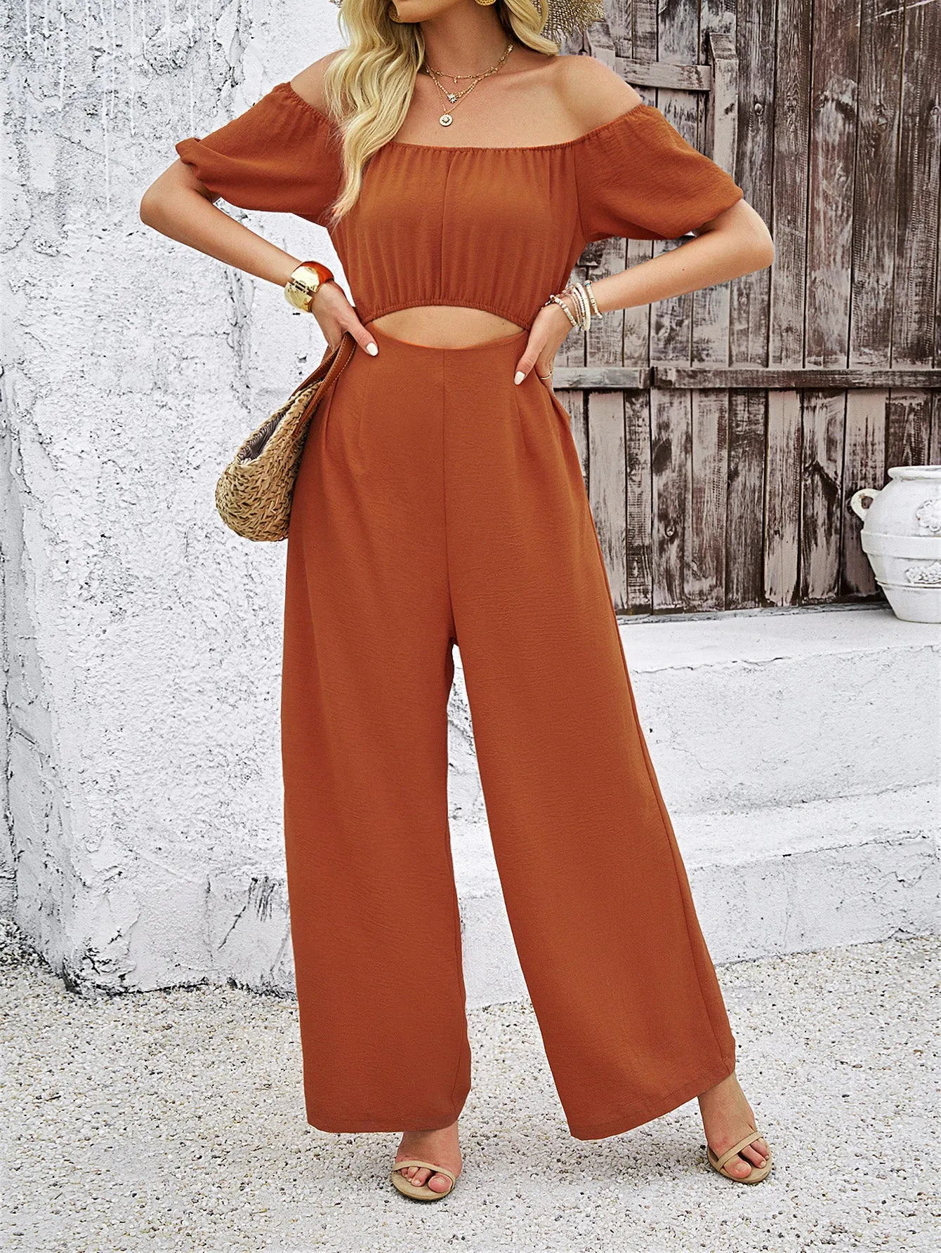 Beige Off Shoulder Jumpsuit with Waist Cutout