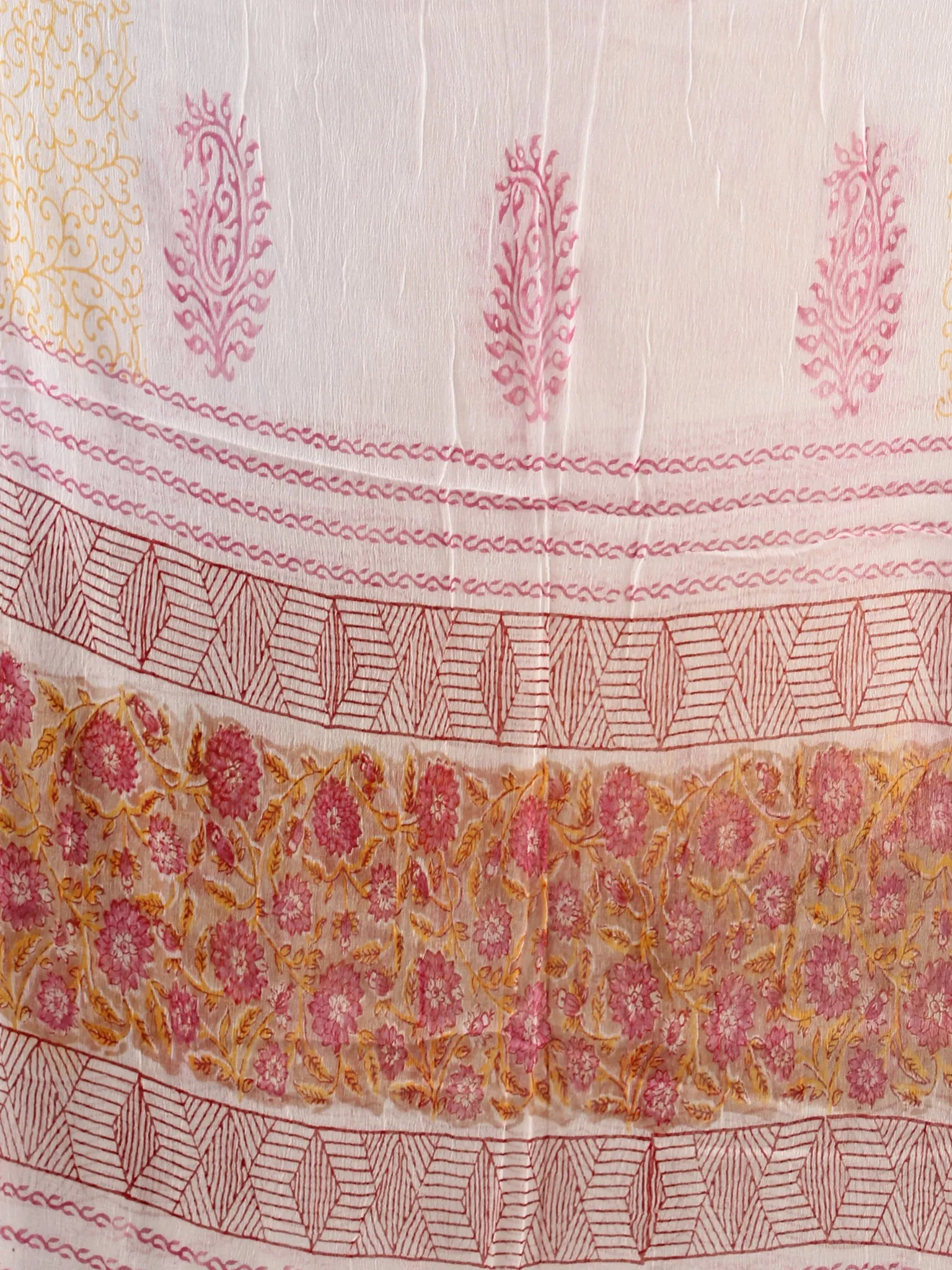 Beige Pink White Hand Block Printed Cotton Suit-Salwar Fabric With Chiffon Dupatta (Set of 3) - SU01HB450