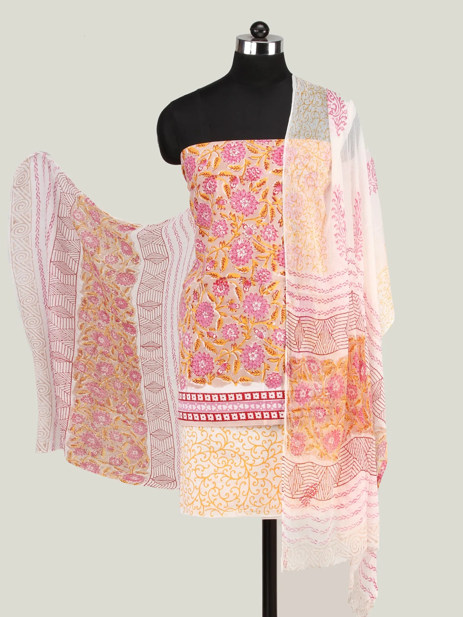 Beige Pink White Hand Block Printed Cotton Suit-Salwar Fabric With Chiffon Dupatta (Set of 3) - SU01HB450