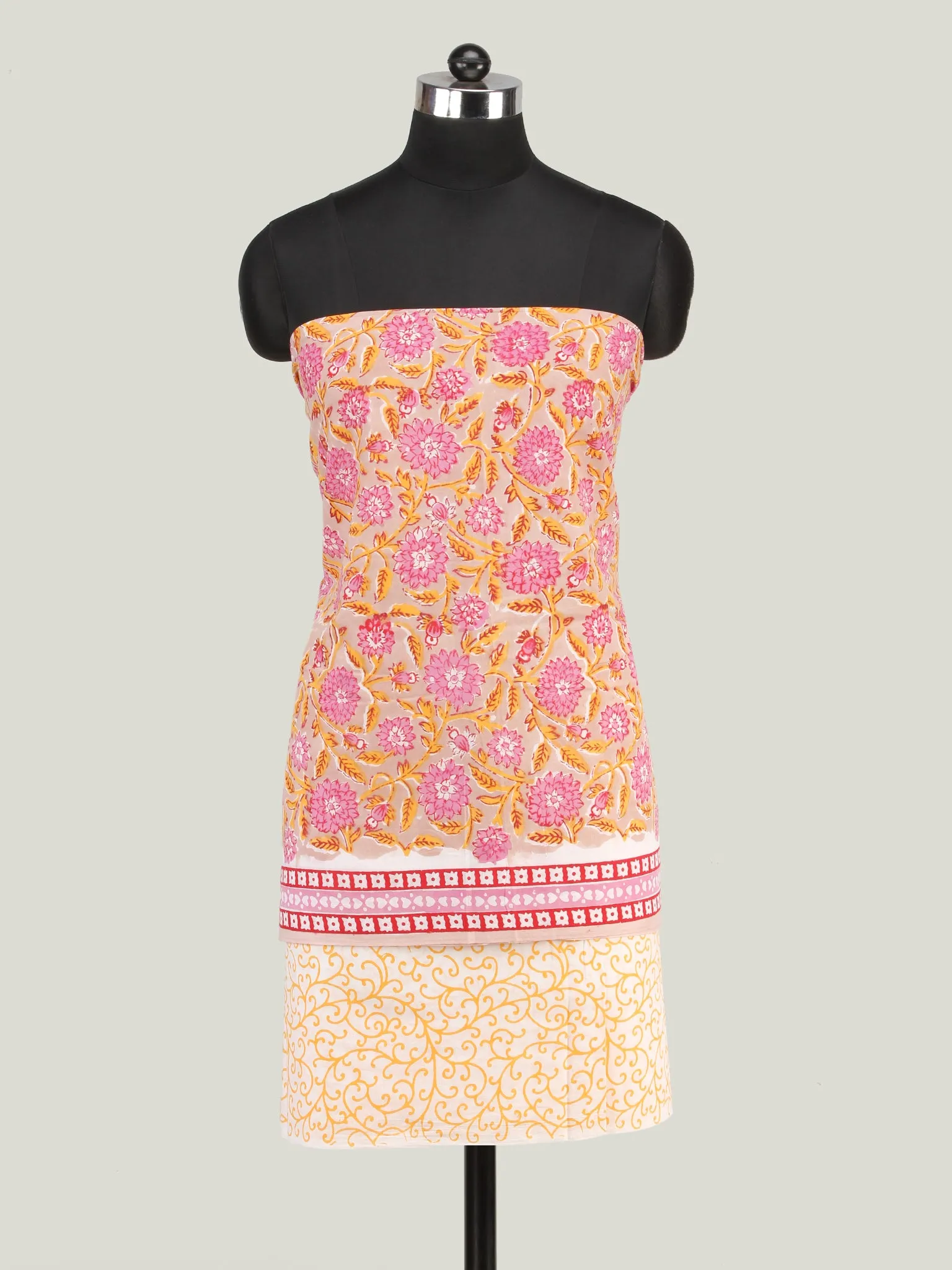 Beige Pink White Hand Block Printed Cotton Suit-Salwar Fabric With Chiffon Dupatta (Set of 3) - SU01HB450