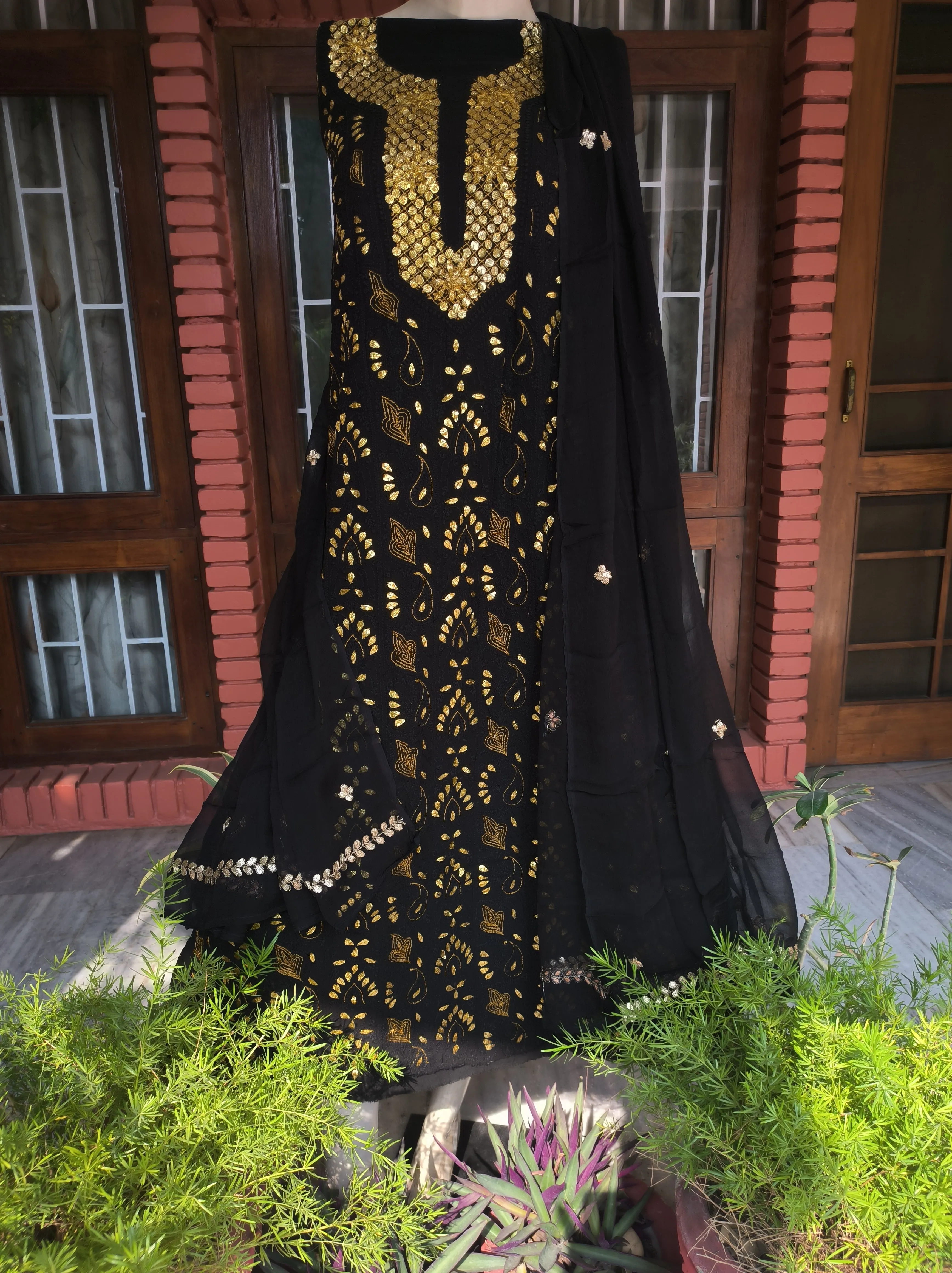 Black Lucknowi Chikankari Gota Patti Salwar Suit(Dress Material)