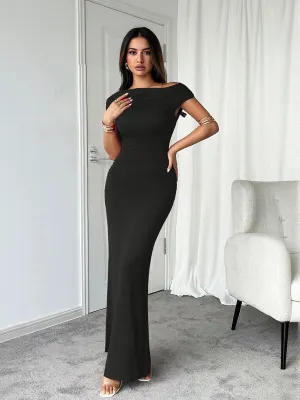 Black Off Shoulder Maxi Dress With Ruching At Side