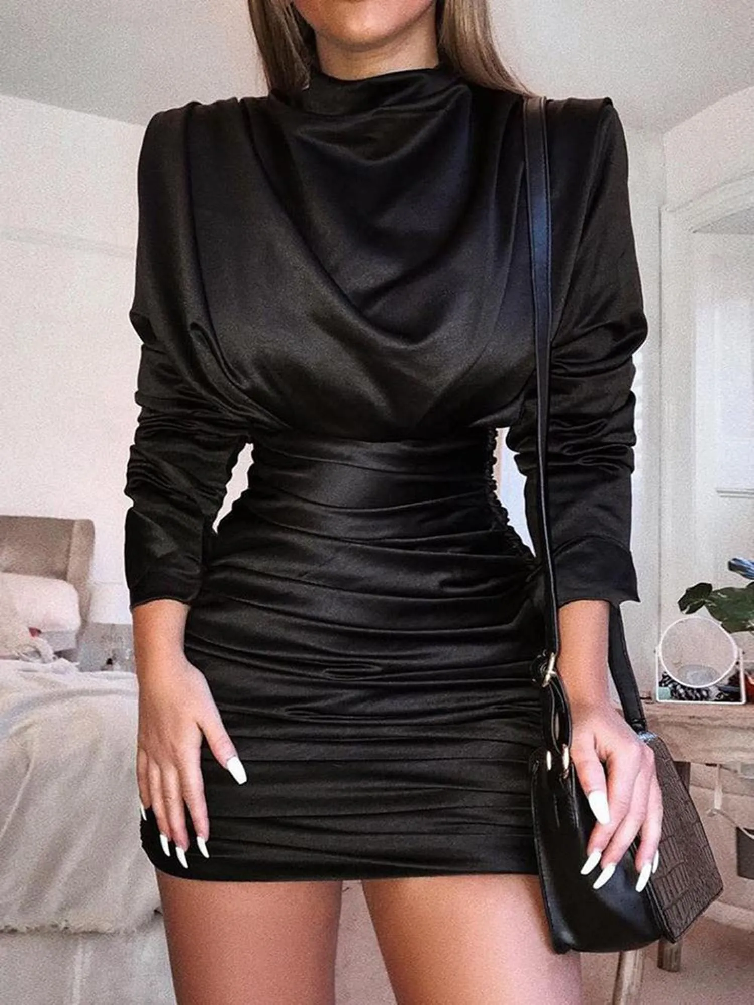 Black Power Shoulder Rouched Dress