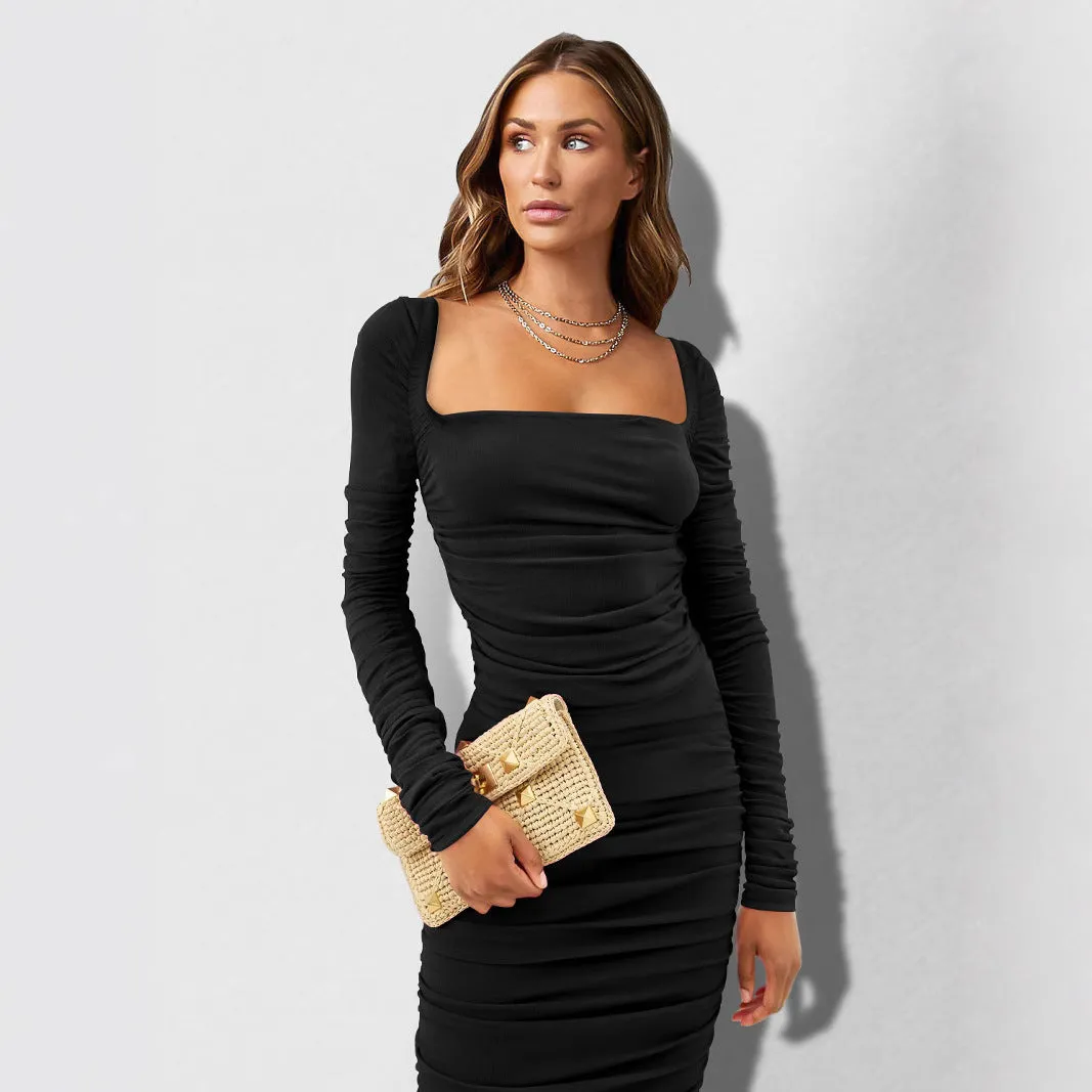 Black Square Neck Ruched Dress