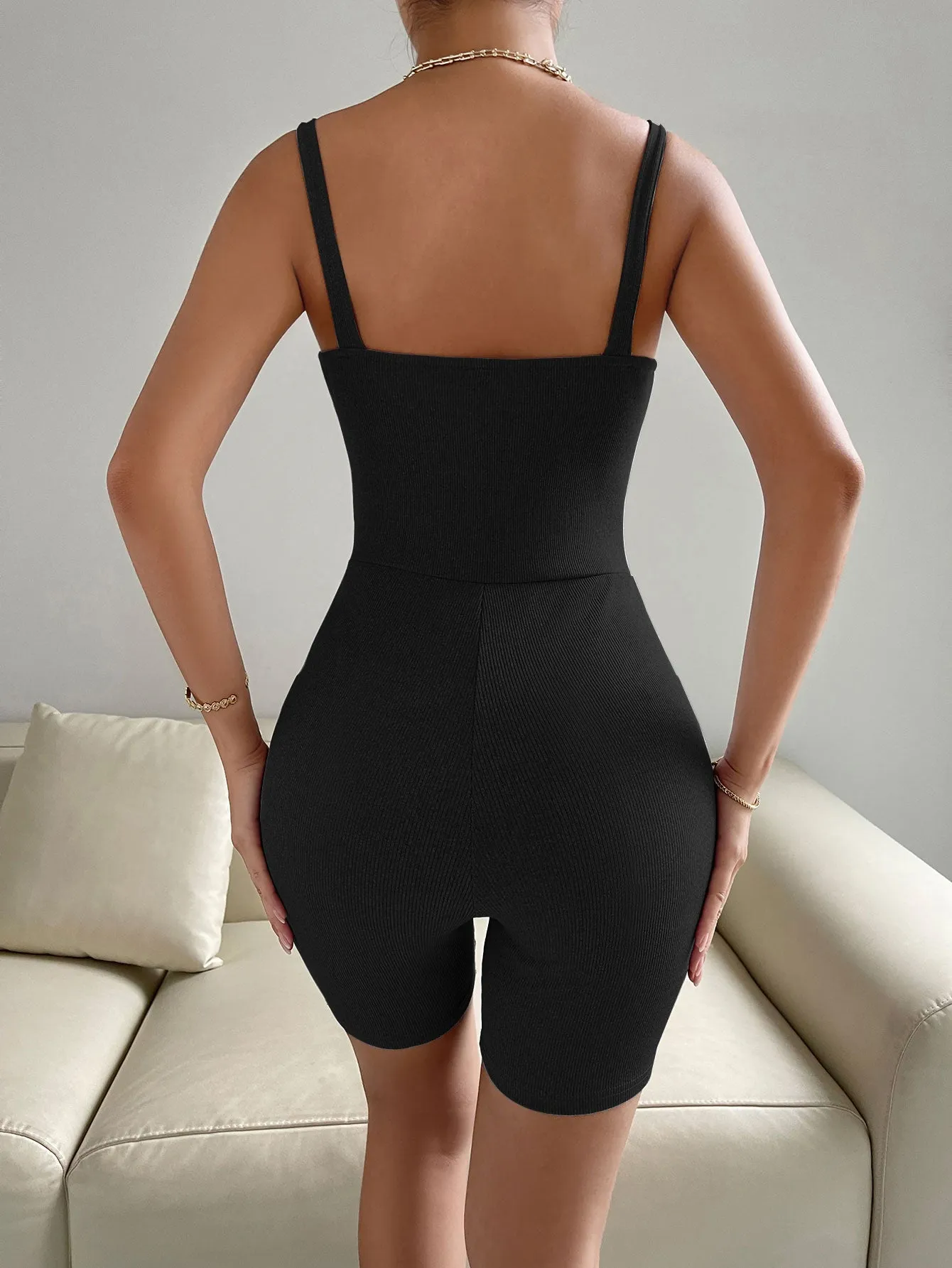 Black Strappy Ribbed Fitted Romper