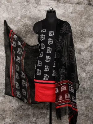 Black White Red Hand Block Printed Cotton Suit-Salwar Fabric With Chiffon Dupatta (Set of 3) - SU01HB365
