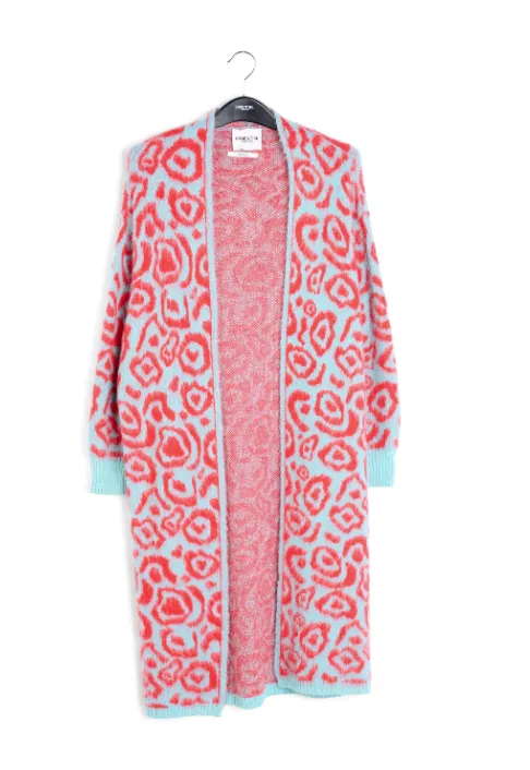 Blue and red leopard-print cardigan