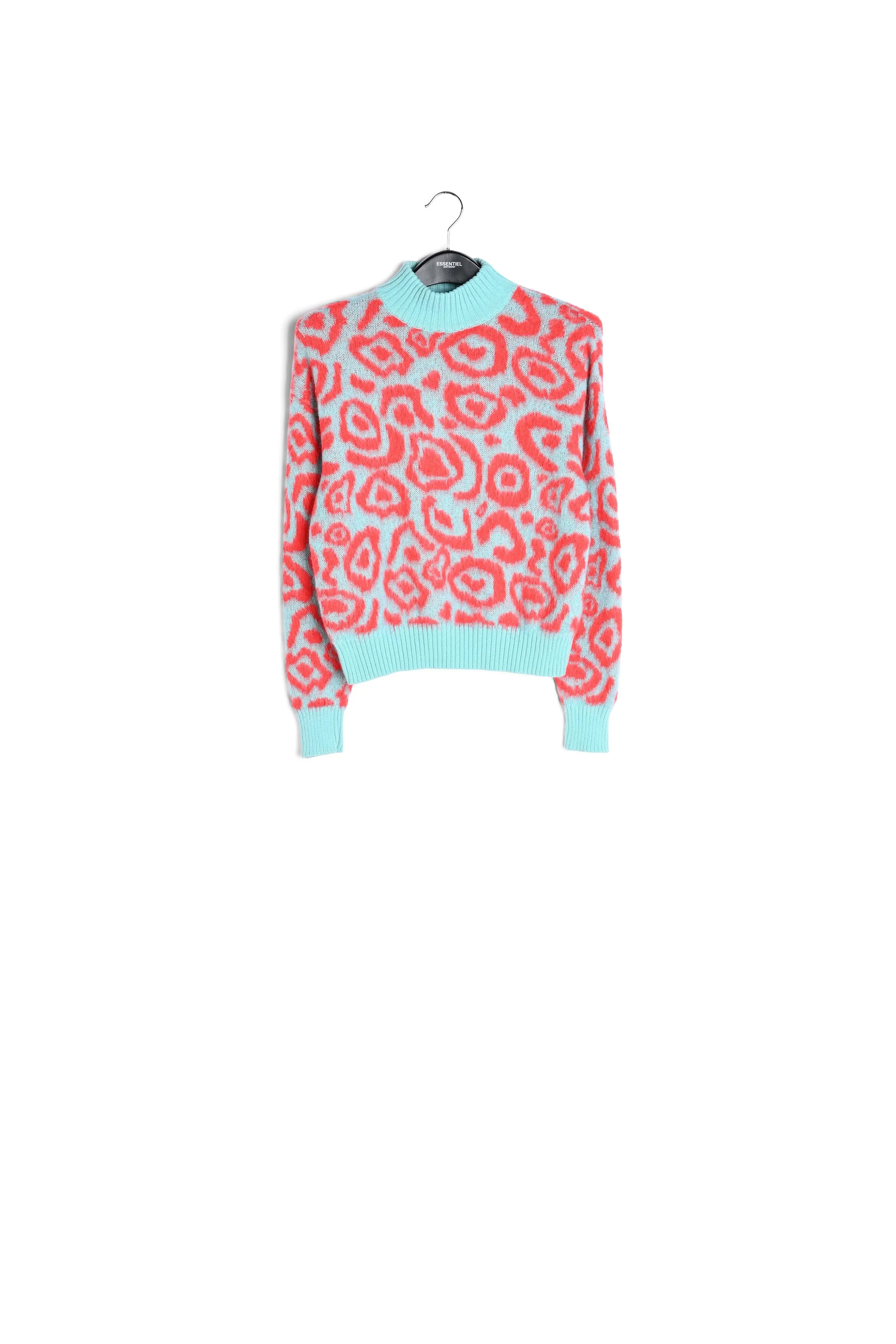 Blue and red leopard-print knit sweater