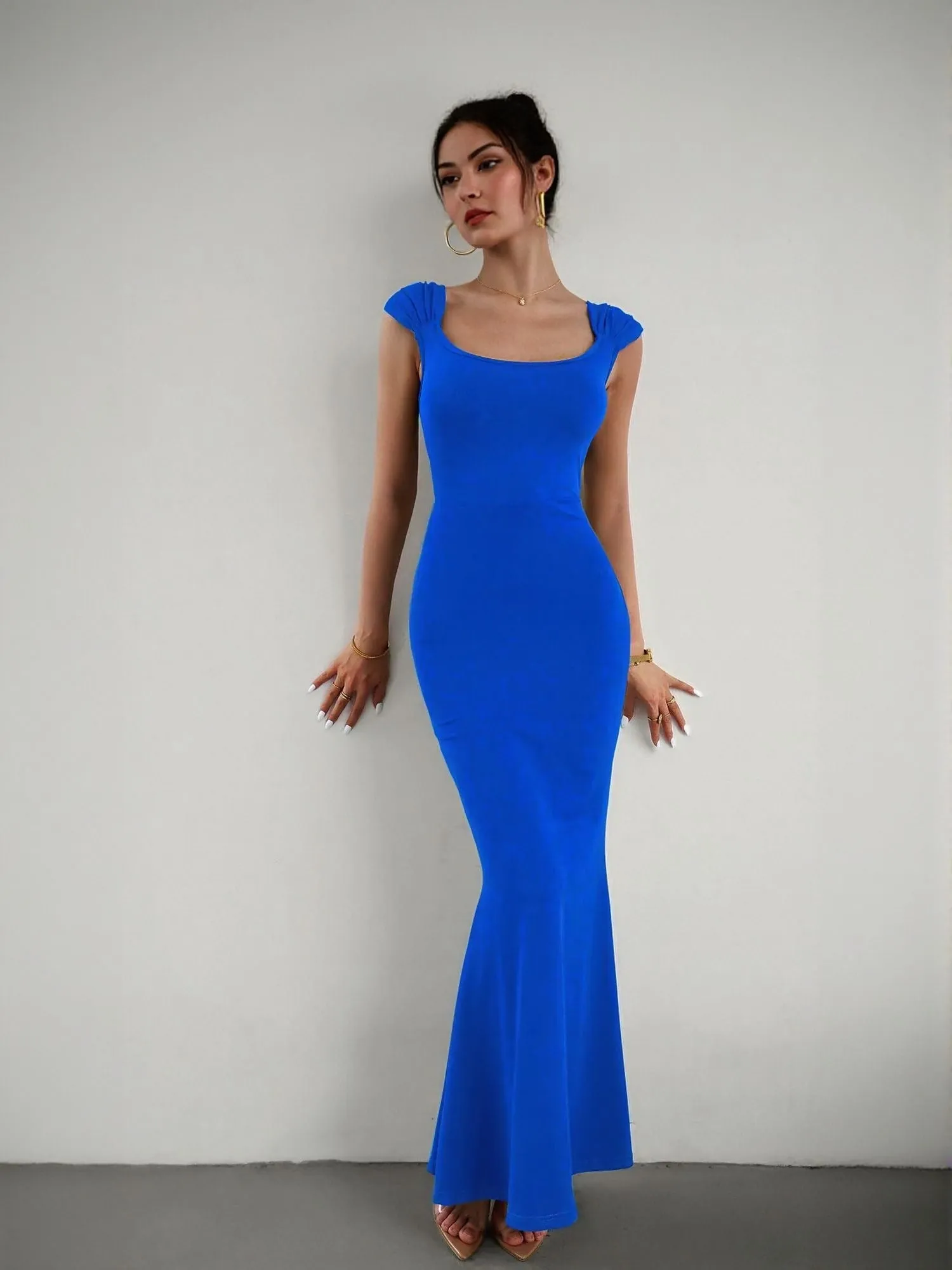Blue Bodycon Maxi Dress With Gathered Strap