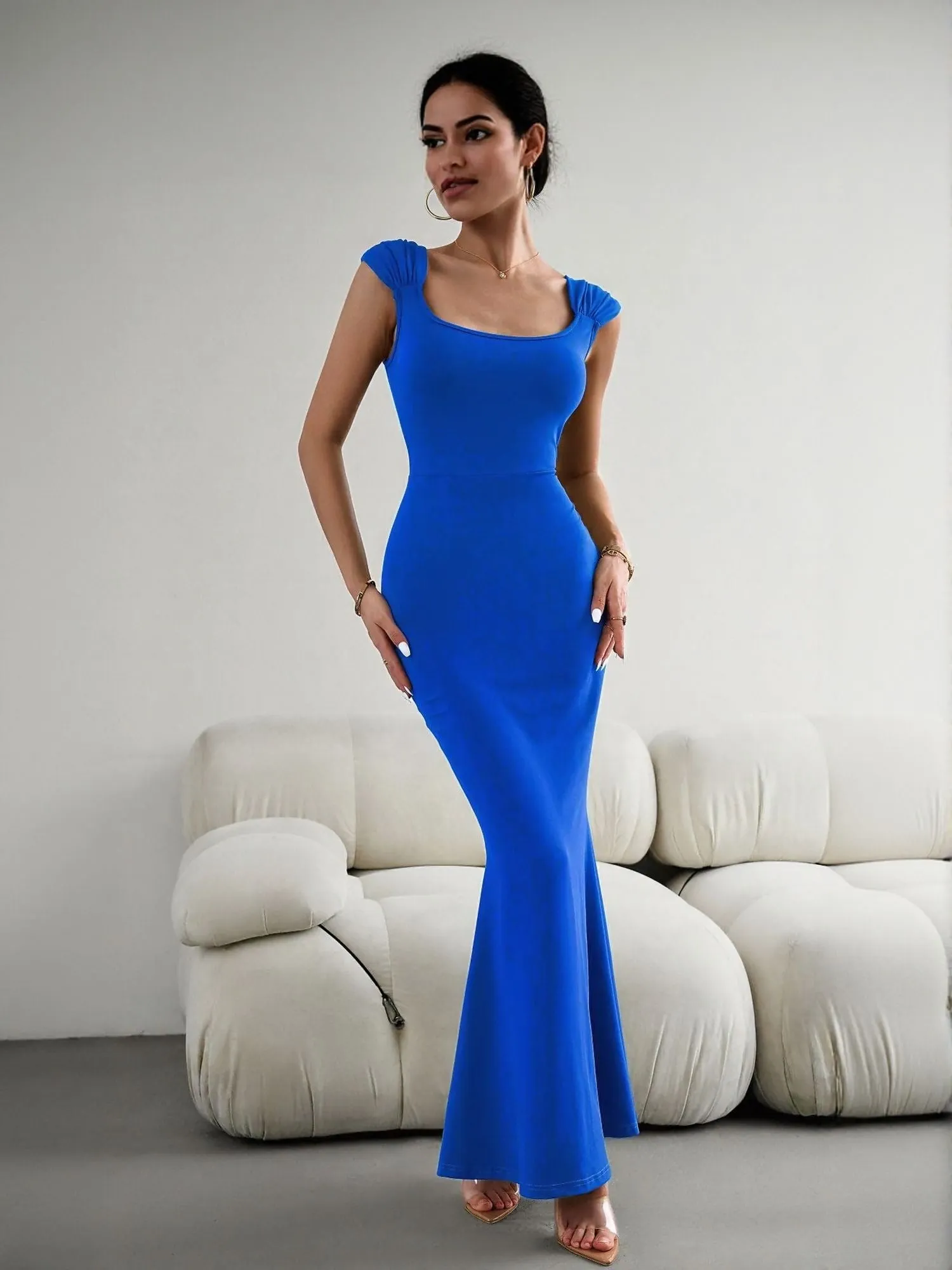 Blue Bodycon Maxi Dress With Gathered Strap