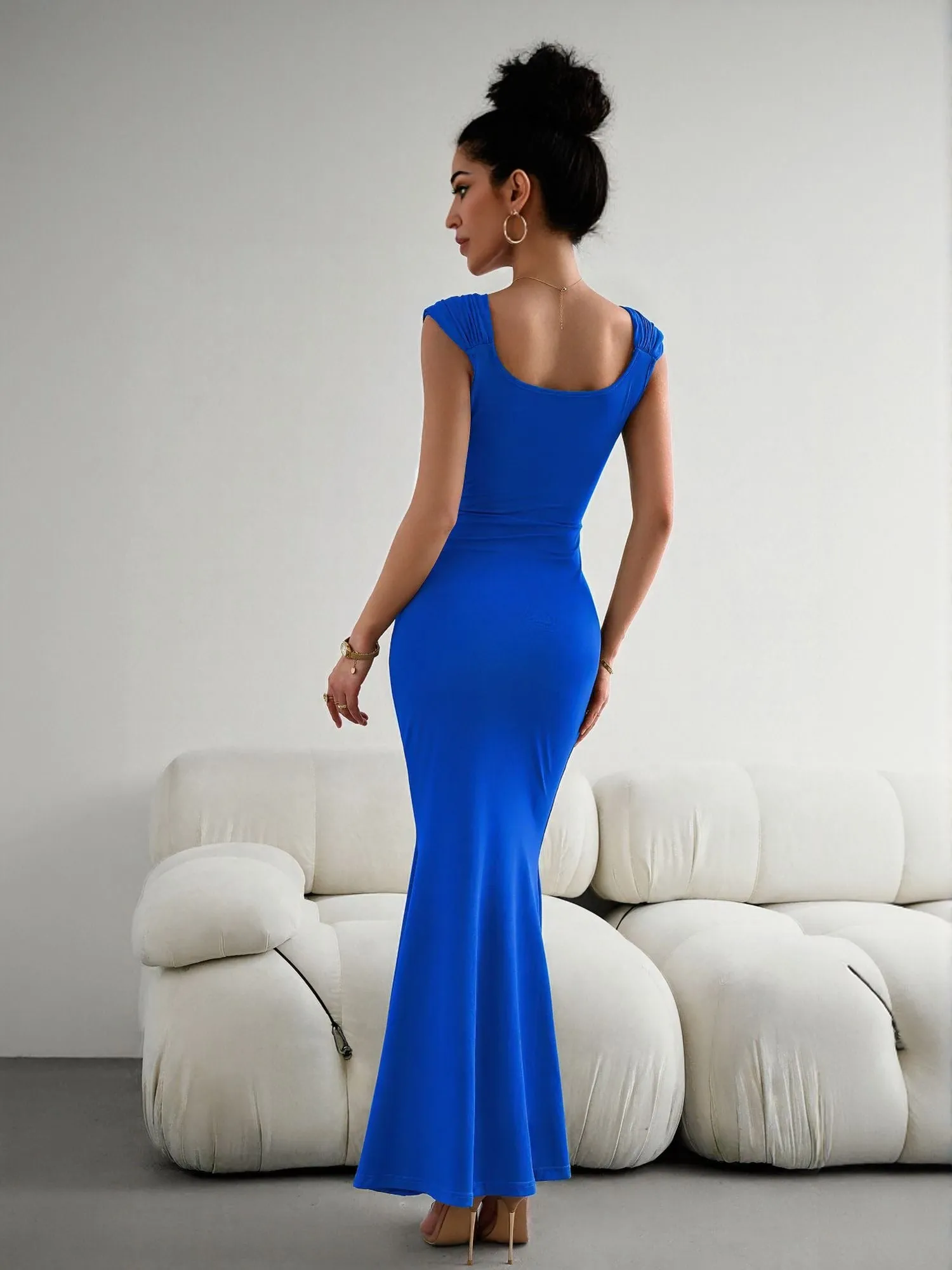 Blue Bodycon Maxi Dress With Gathered Strap