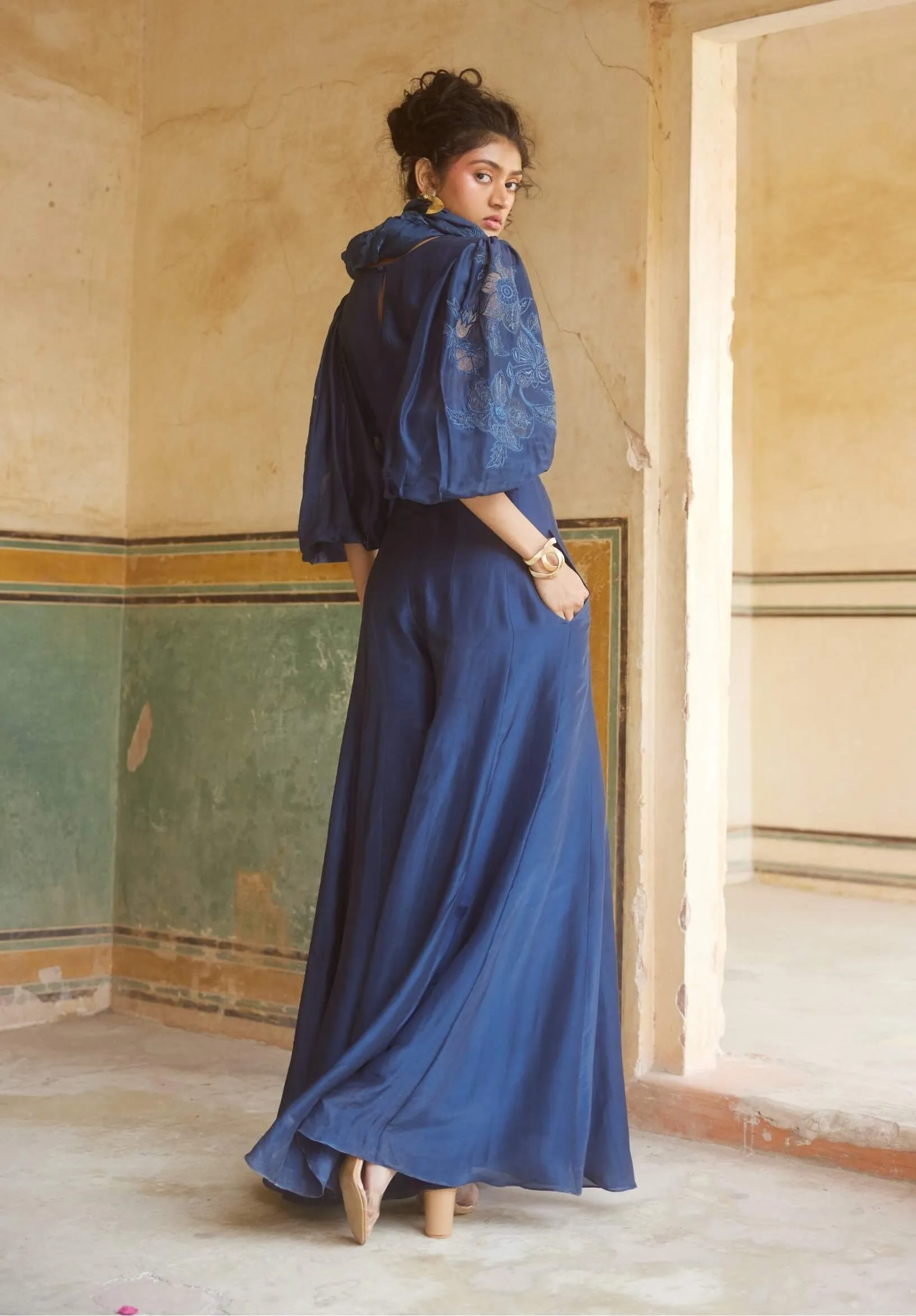 Blue cutwork jumpsuit and scarf