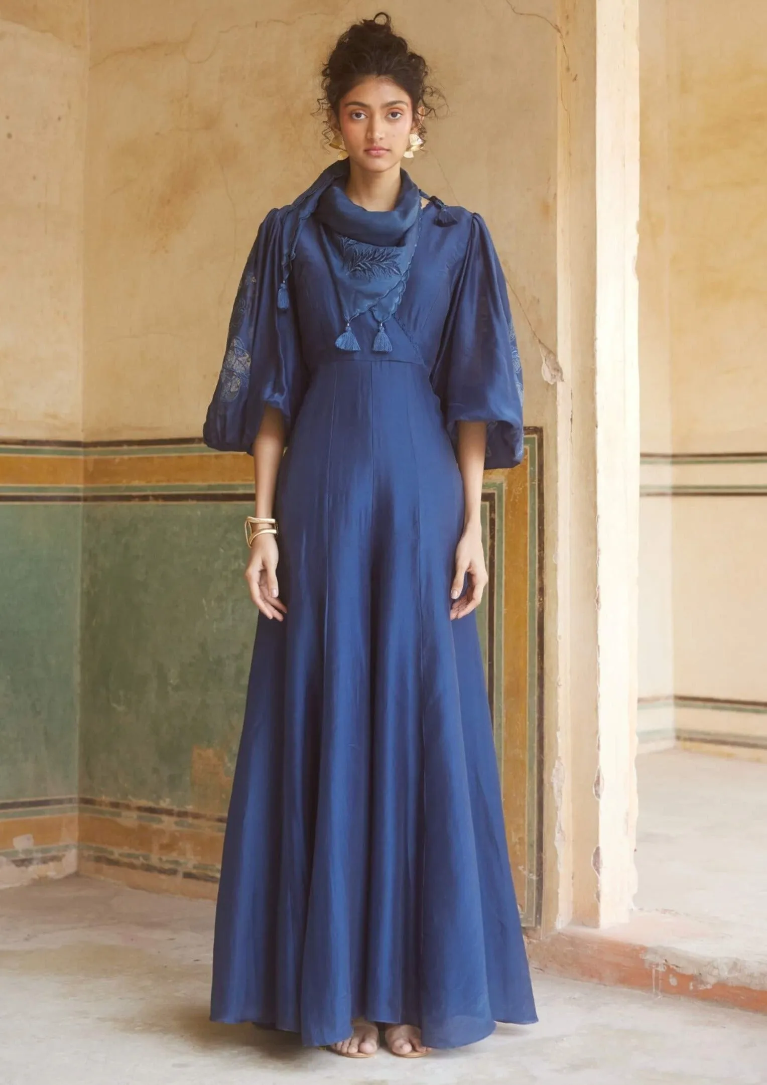Blue cutwork jumpsuit and scarf