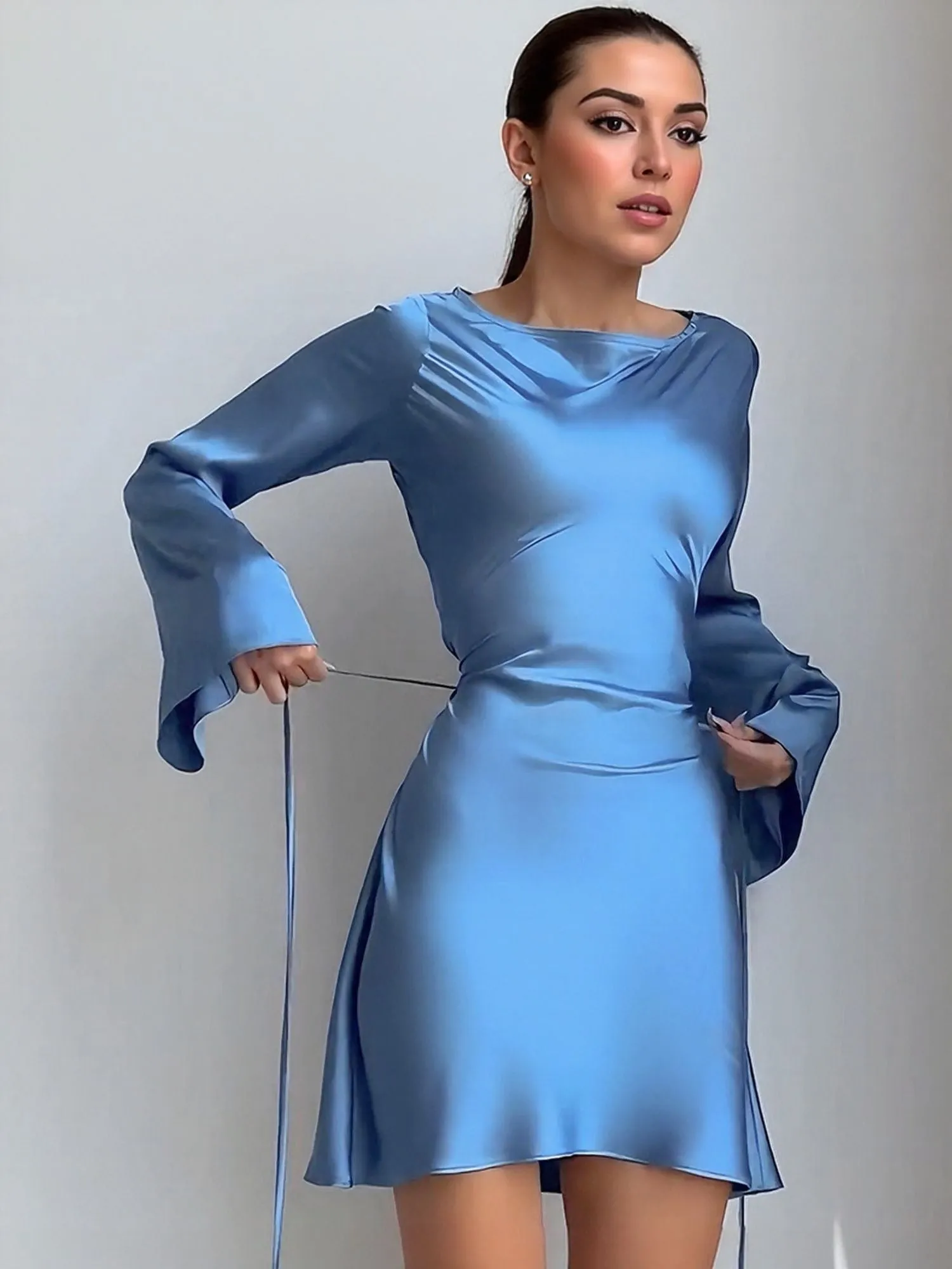 Blue Fit And Flare Satin Dress