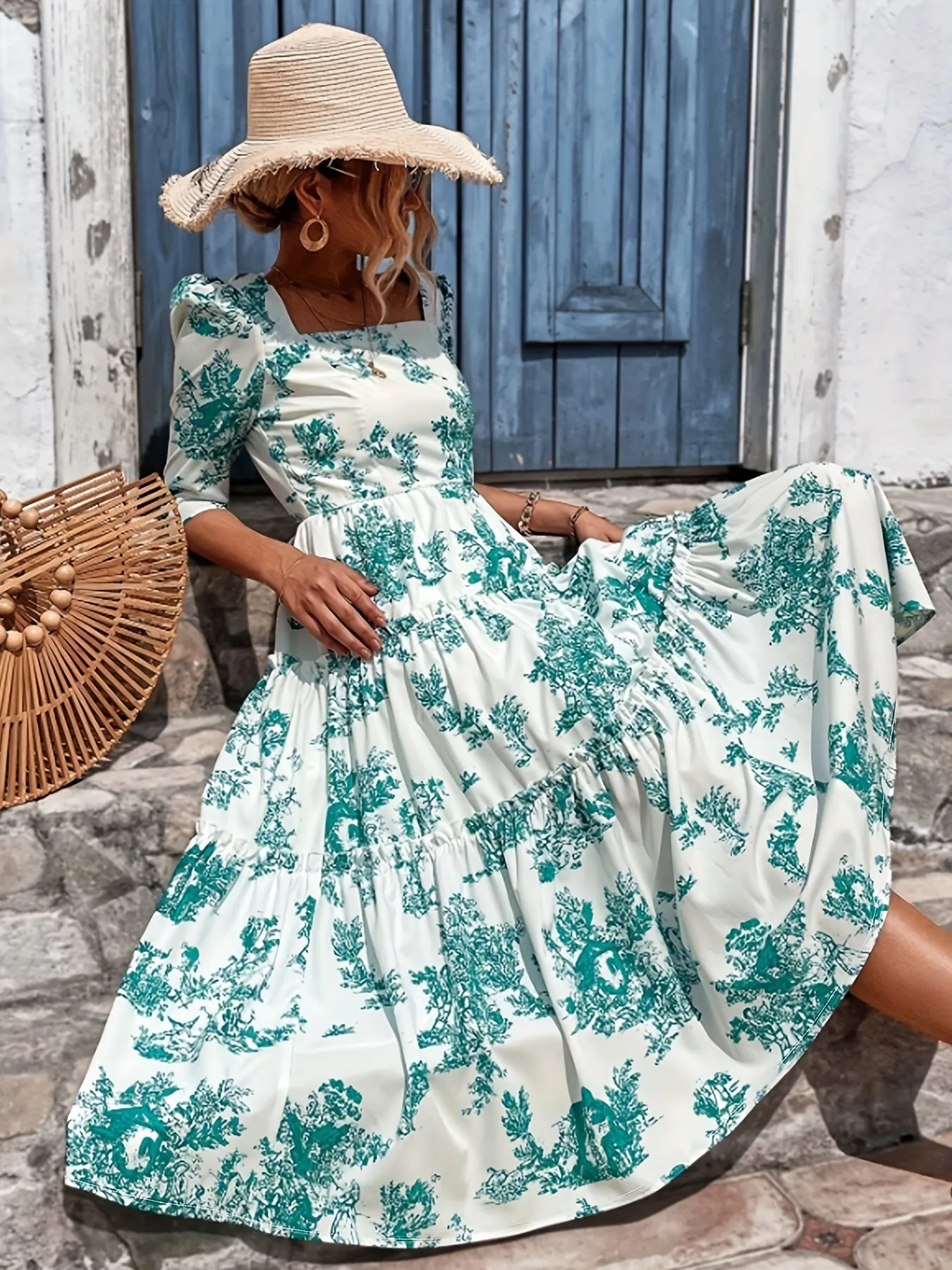 Blue Floral Square Neck Midi Dress