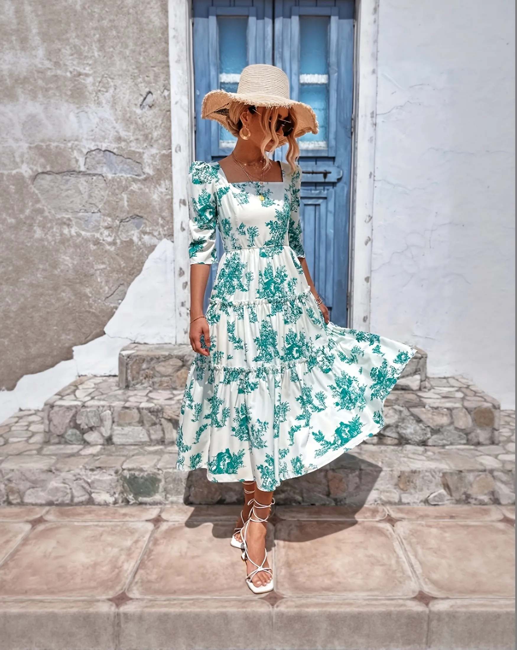 Blue Floral Square Neck Midi Dress