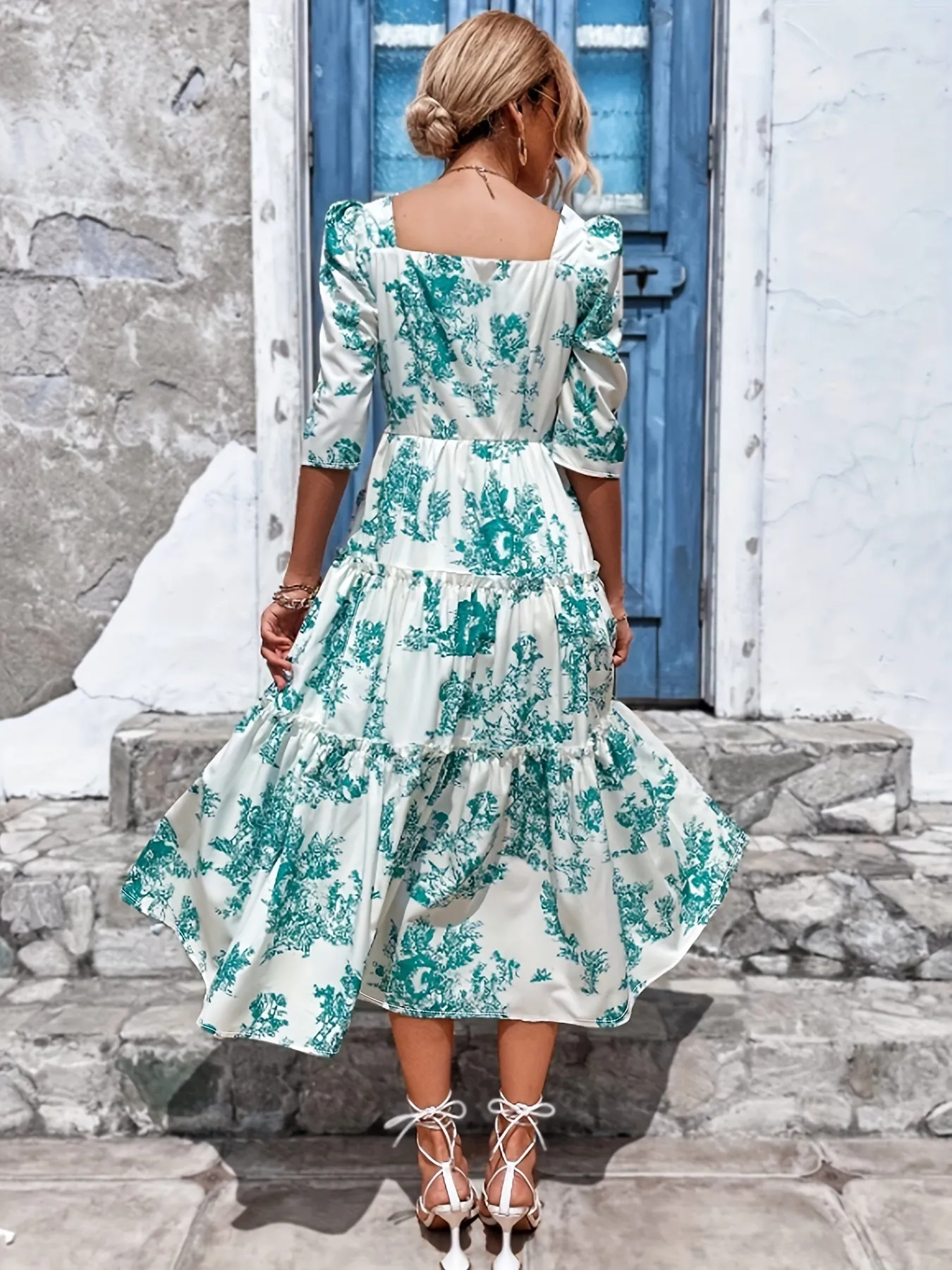 Blue Floral Square Neck Midi Dress