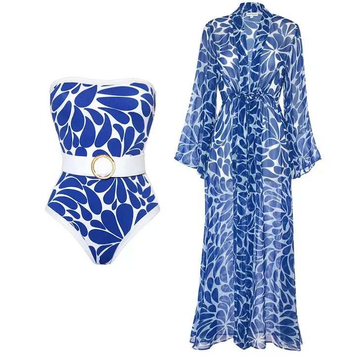 Blue Printed One Piece Swimwear Bandeau and full Body Coverup