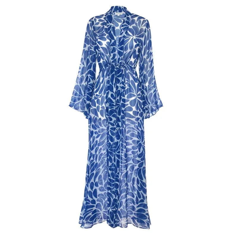 Blue Printed One Piece Swimwear Bandeau and full Body Coverup