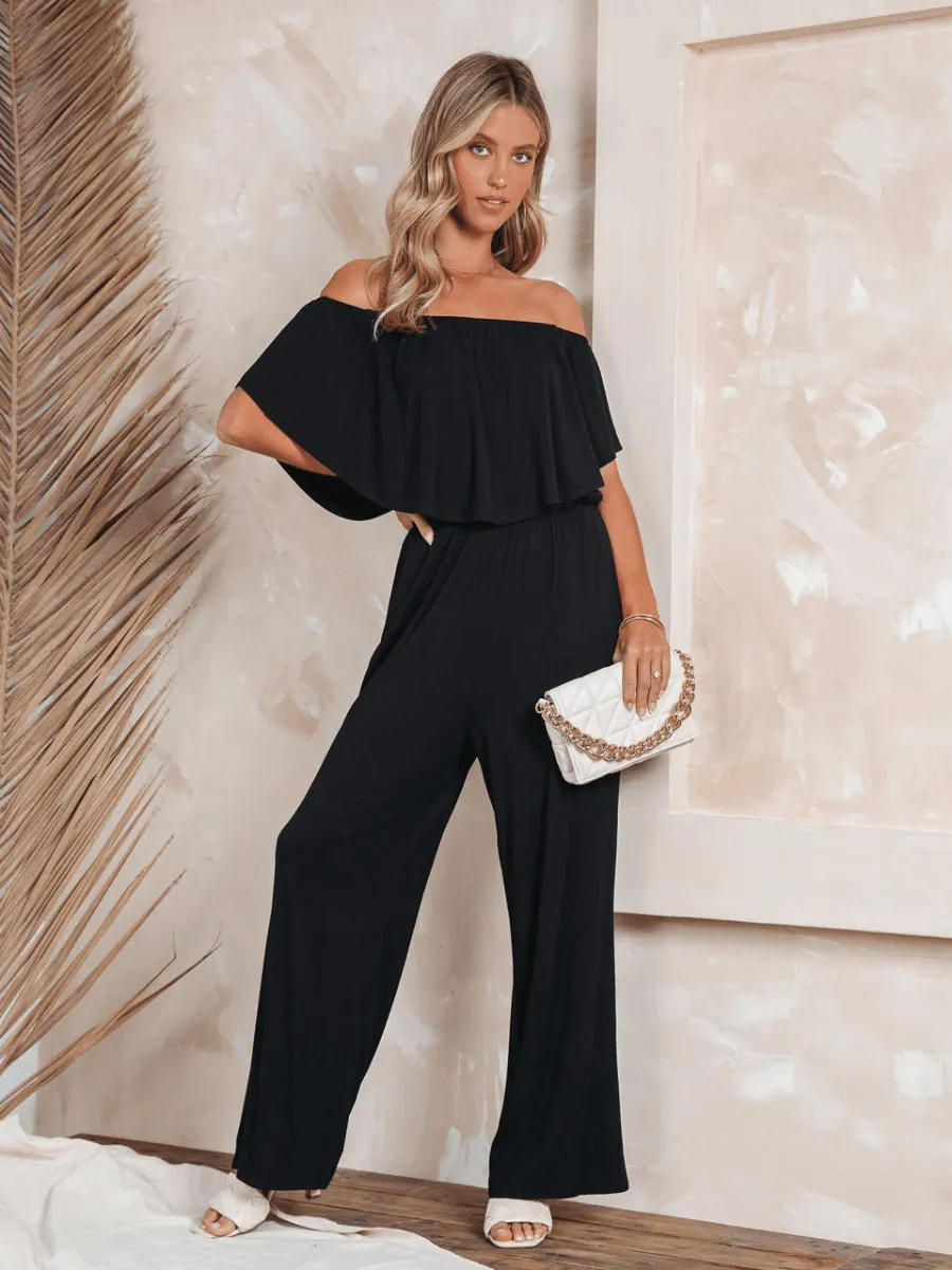 Break Away Off Shoulder Wide Leg Jumpsuit - Black