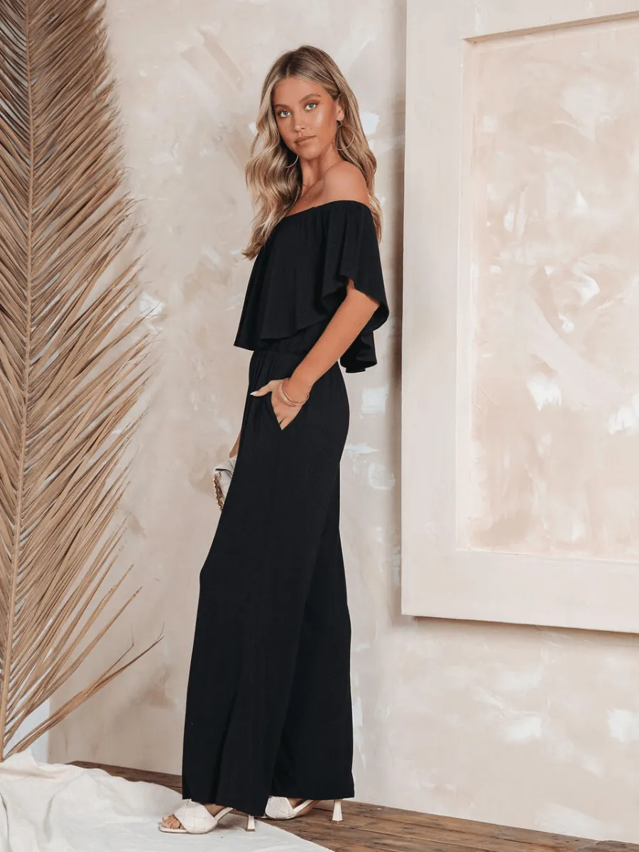 Break Away Off Shoulder Wide Leg Jumpsuit - Black