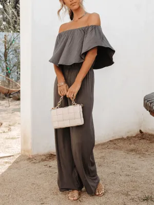 Break Away Off Shoulder Wide Leg Jumpsuit - Grey