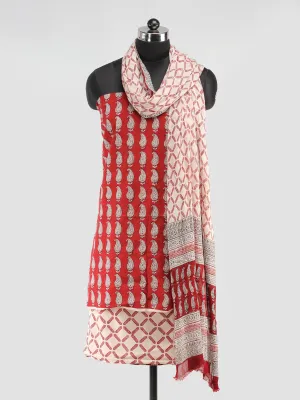 Brick Red Off White Bagh Hand Block Printed Cotton Suit-Salwar Fabric With Chiffon Dupatta (Set of 3) - SU01HB407