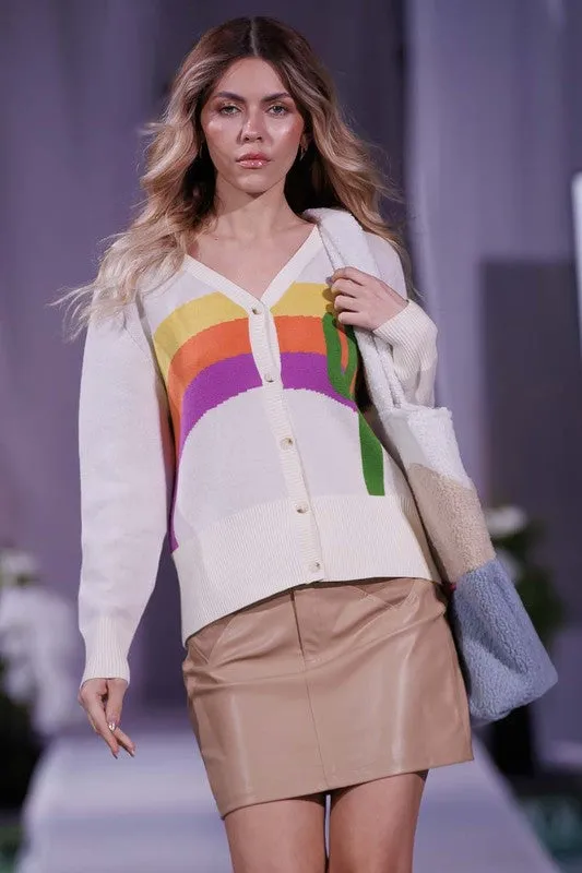 Cactus Rainbow Intarsia Knit Cardigan
