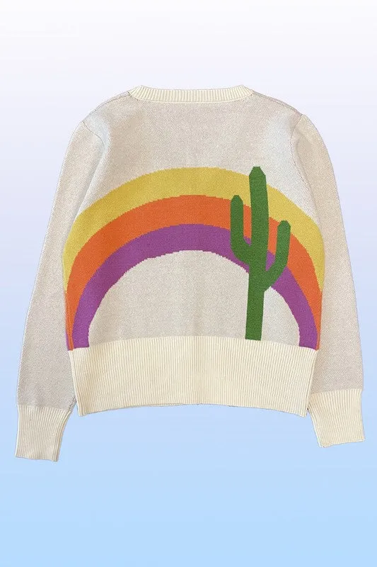 Cactus Rainbow Intarsia Knit Cardigan