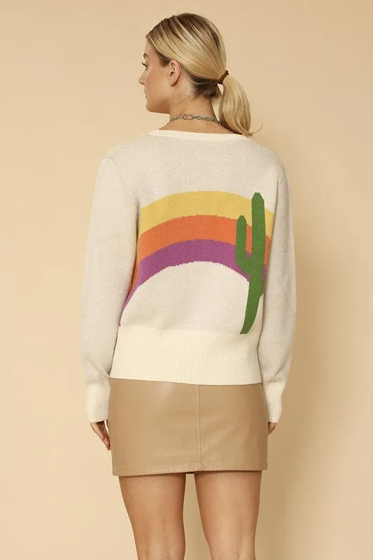 Cactus Rainbow Intarsia Knit Cardigan