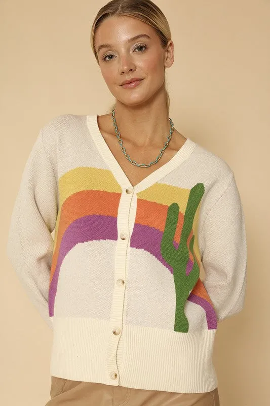 Cactus Rainbow Intarsia Knit Cardigan