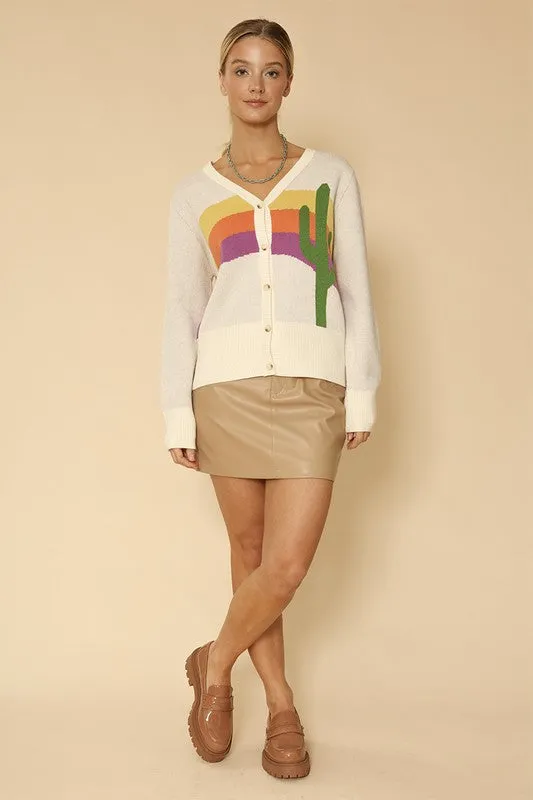 Cactus Rainbow Intarsia Knit Cardigan