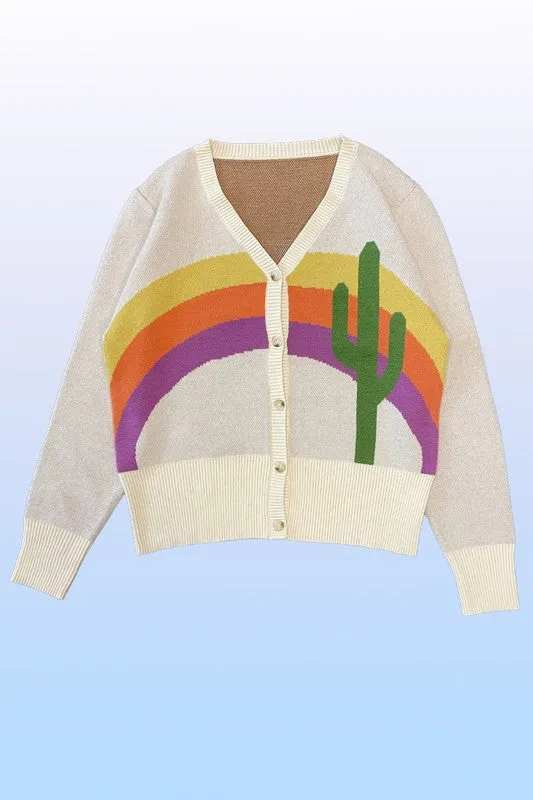 Cactus Rainbow Intarsia Knit Cardigan